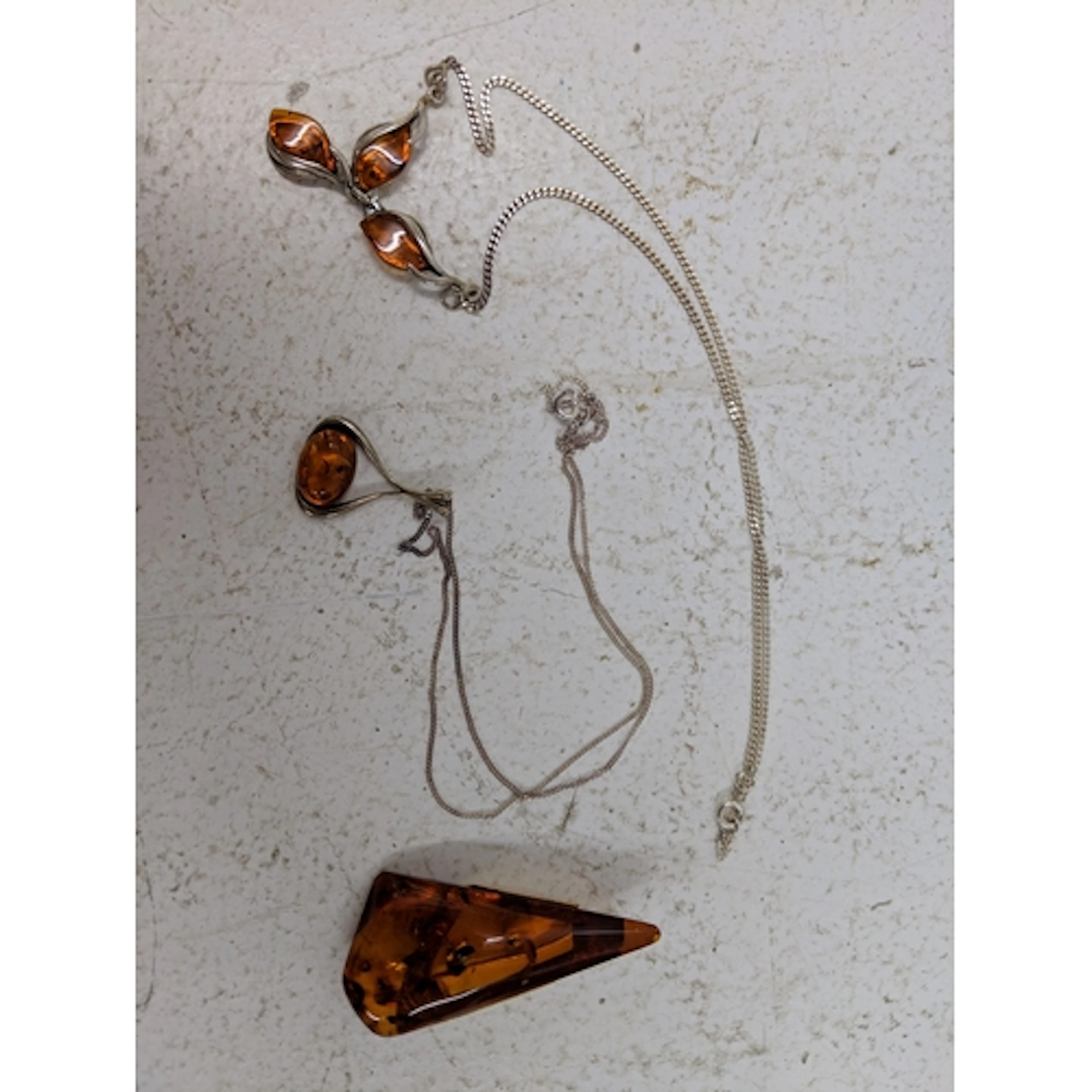 Two silver necklaces and Baltic Amber pendants and brooch Lo...