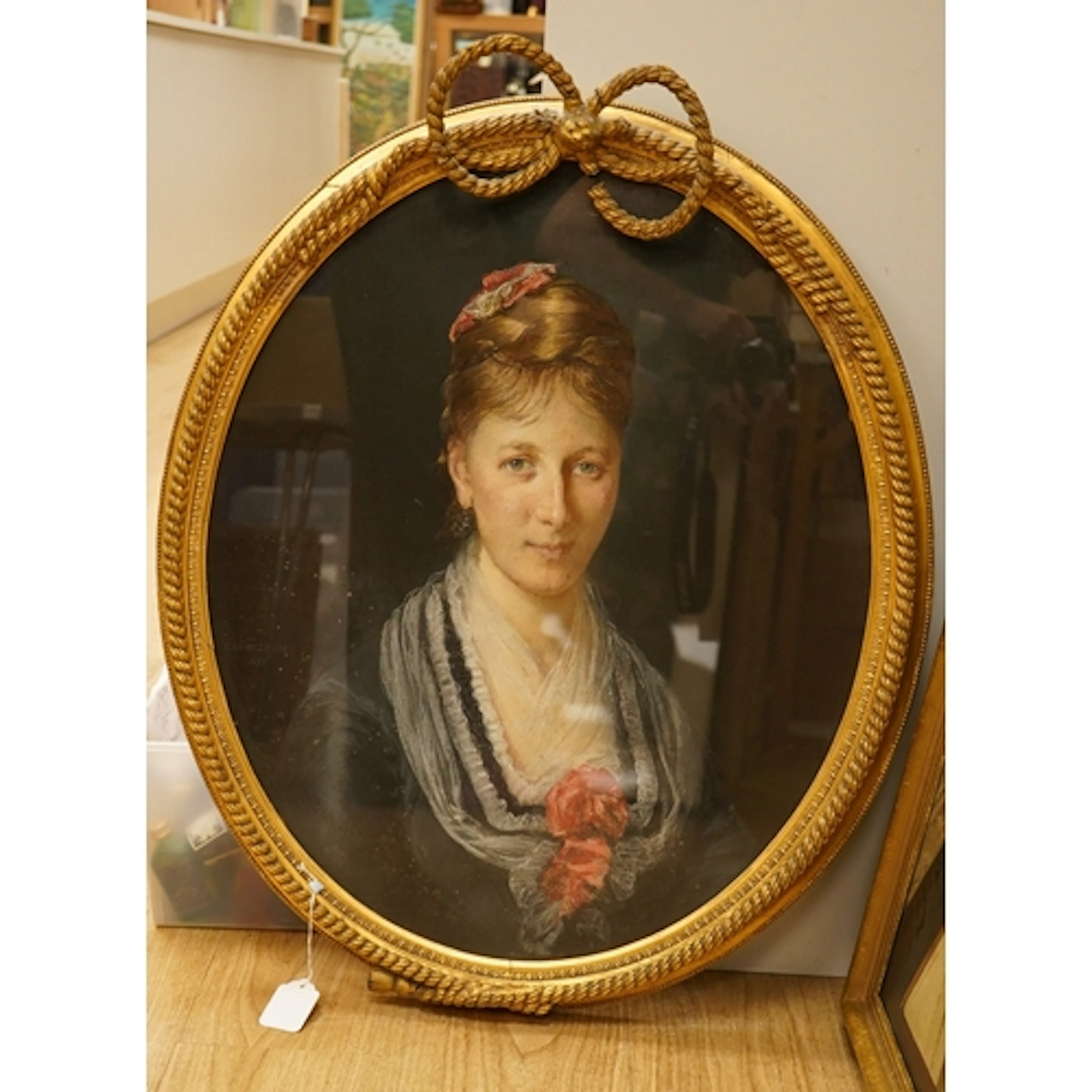 19th century School, Portrait of a young woman, pastels, ova...