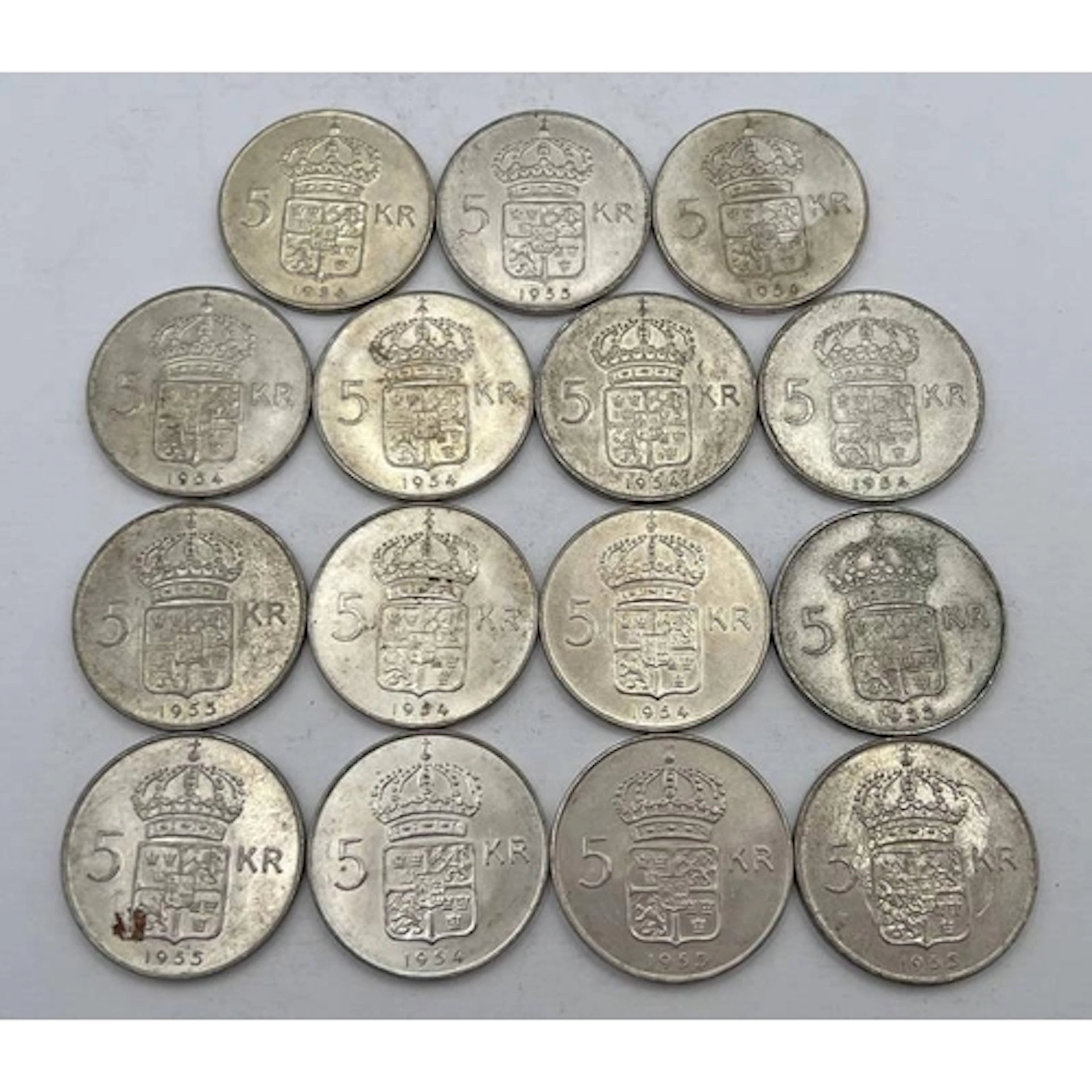 15 SWEDISH 5 KRONOR COINS, TOTAL WEIGHT 270 GRAMS
