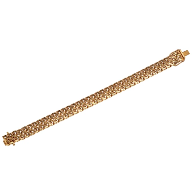 A gold bracelet, designed as a strap composed of flattened c...