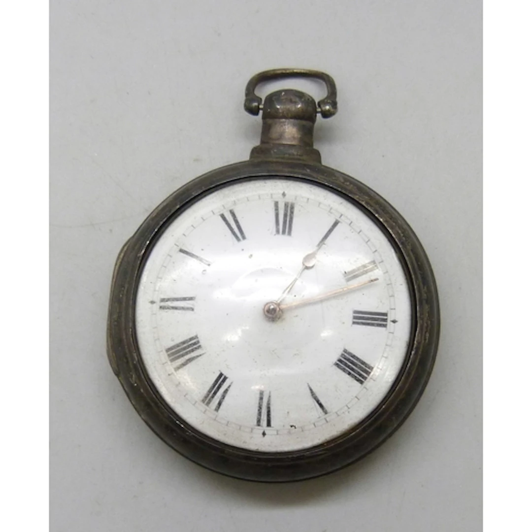 A William IV silver pair cased pocket watch, monogram to out...