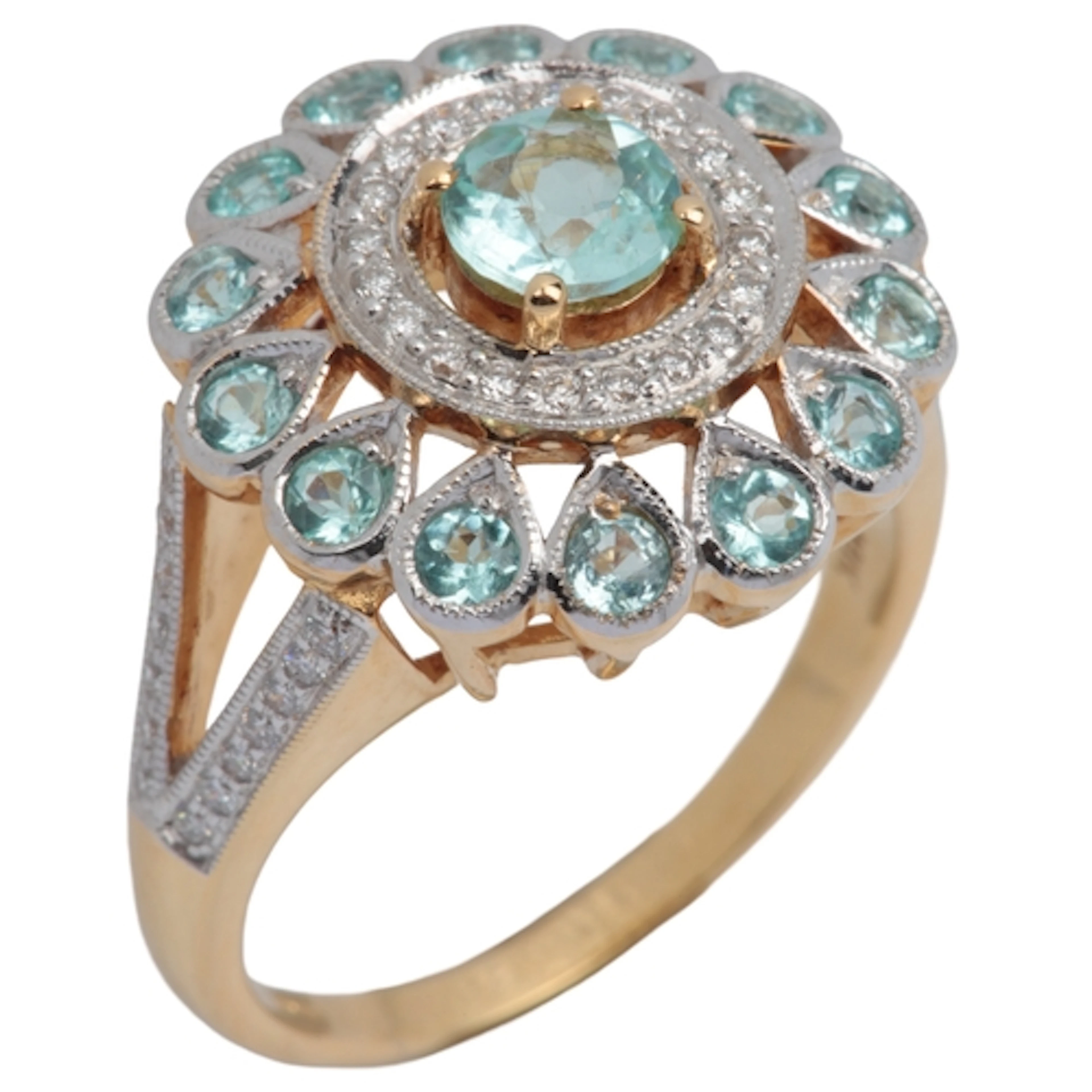 A copper bearing tourmaline and diamond ring, of cluster des...