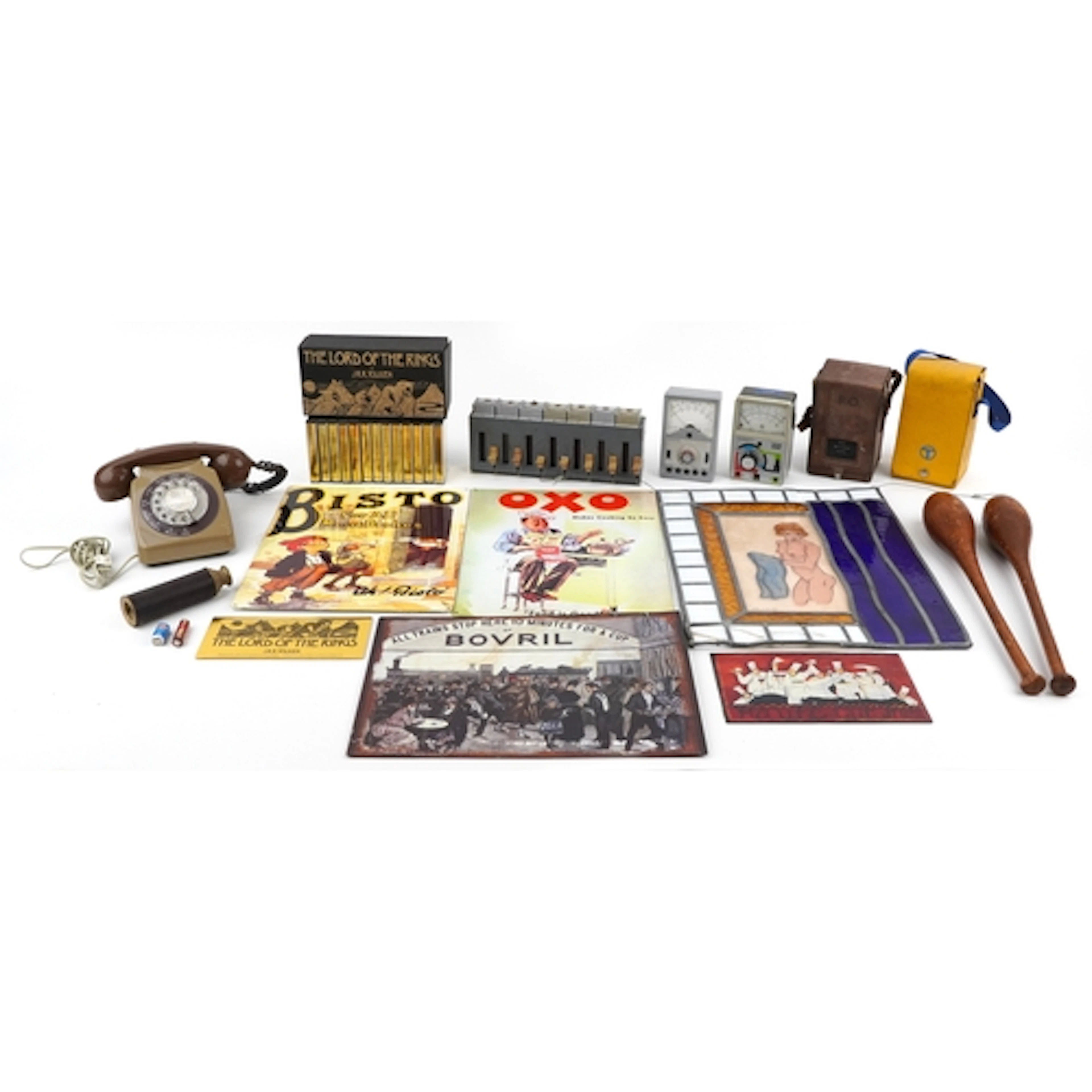 Sundry items including a conductor's change machine, jugglin...