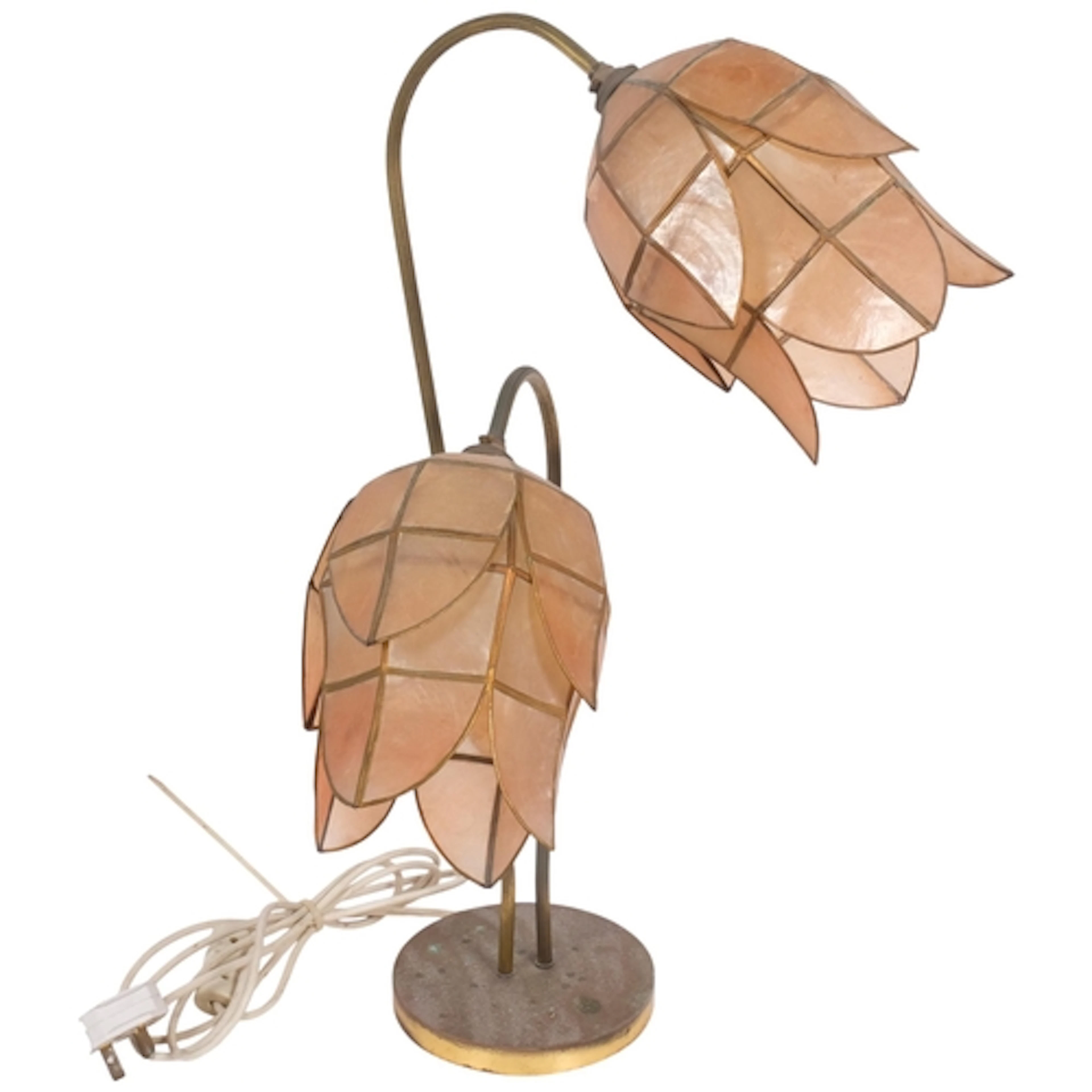 A mid-century twin-arm brass table lamp, with capiz shell sh...