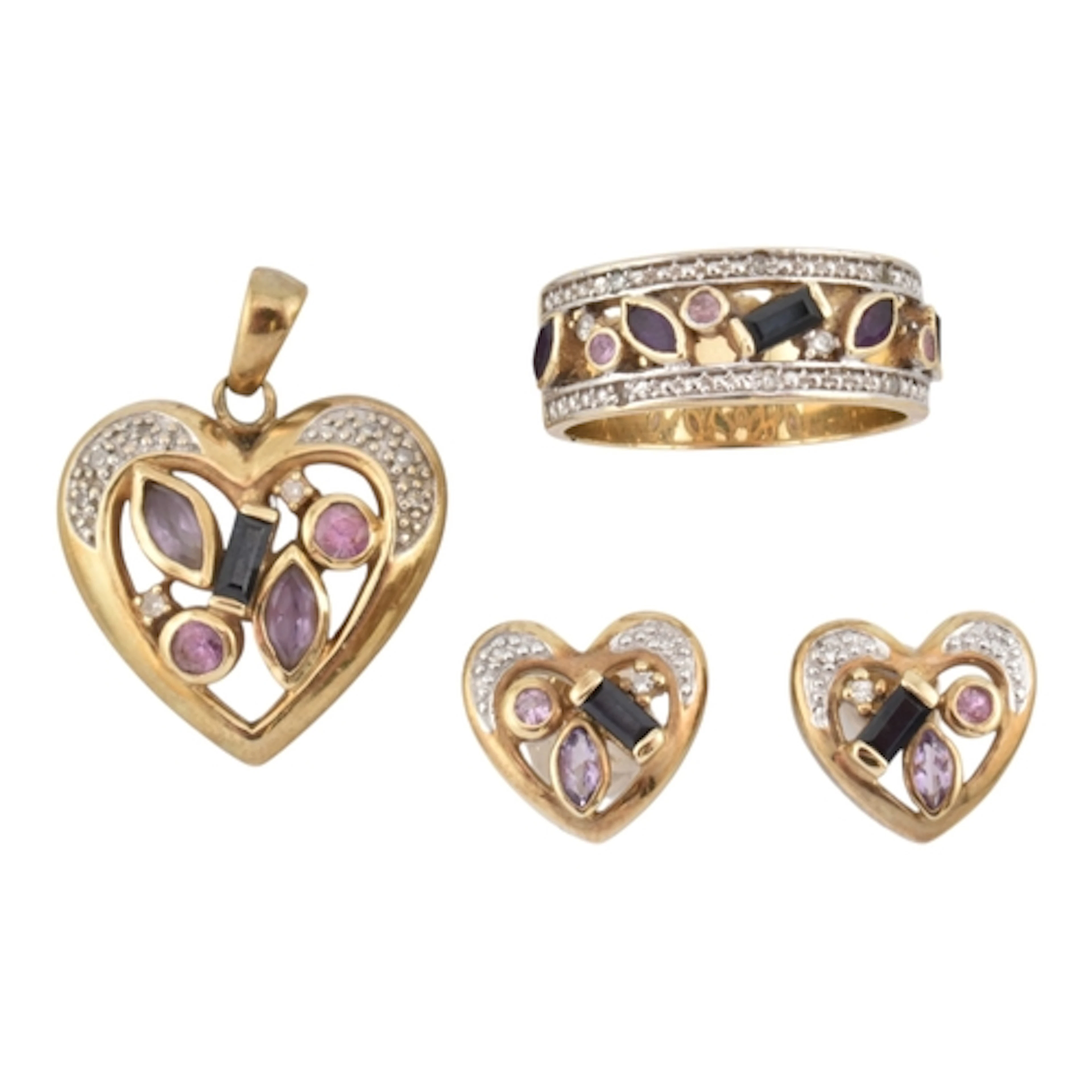 A suite of hallmarked 9ct gold jewellery to include gem set ...