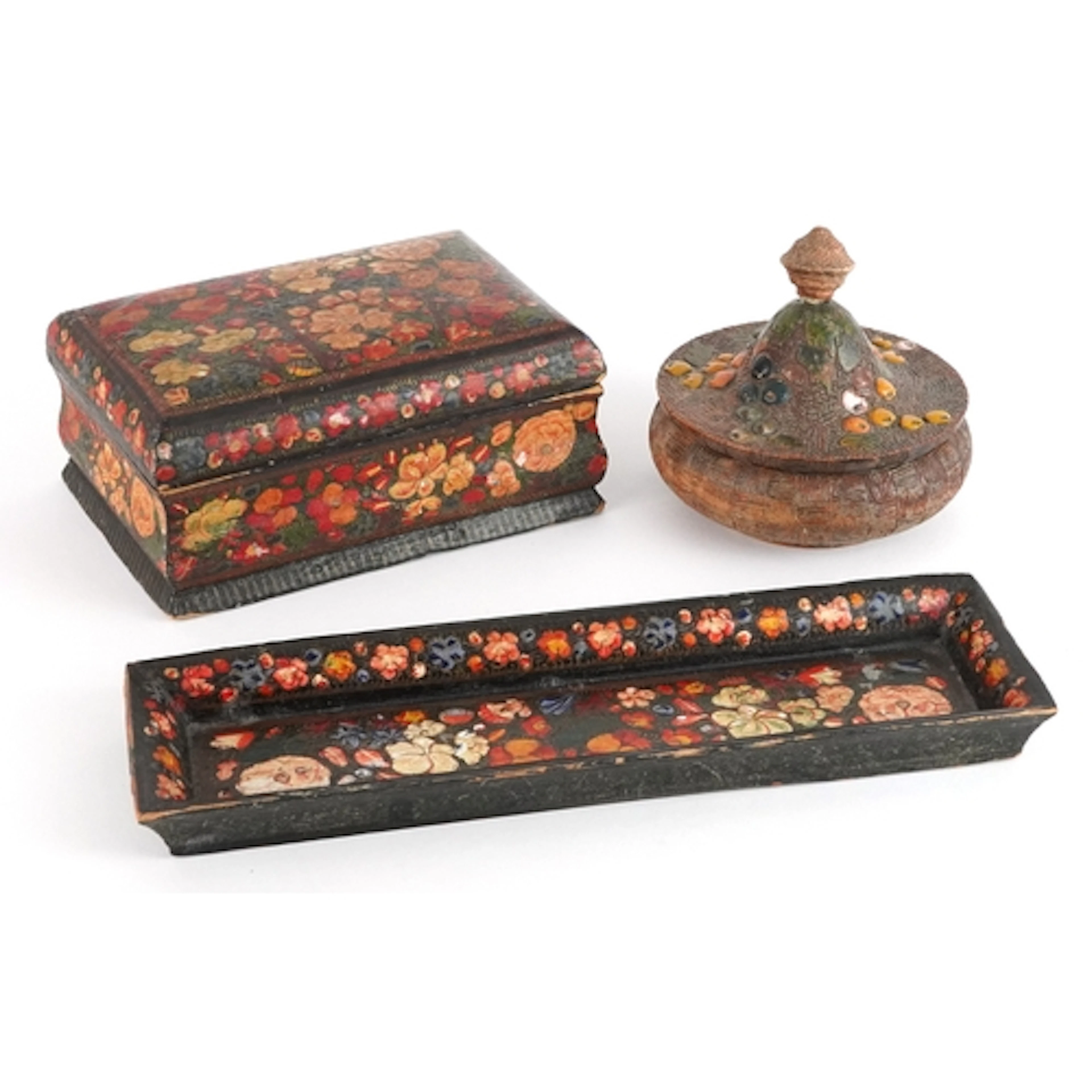 Three Middle Eastern hand painted Kashmiri design objects in...