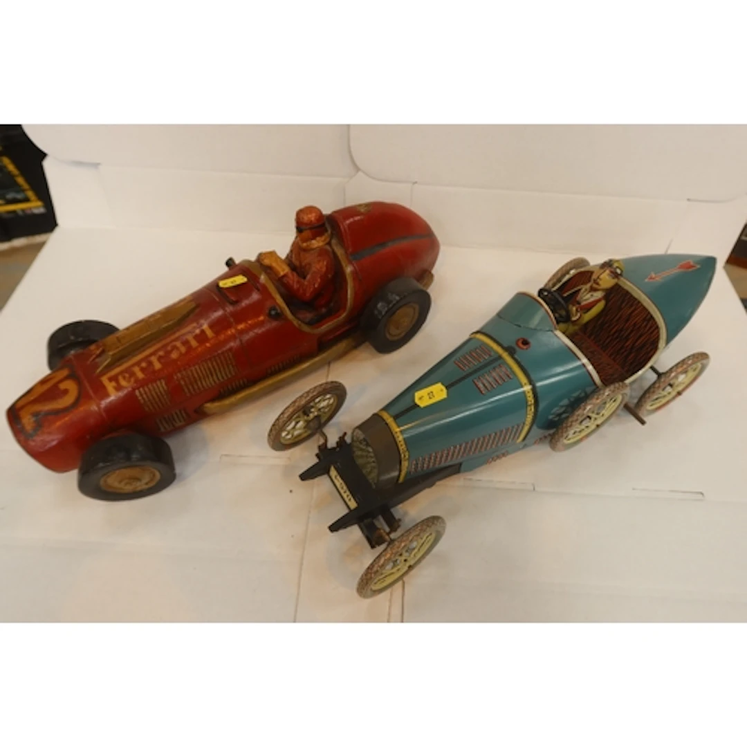 Tin model P3 Alfa and wooden Ferrari length approx. 19ins