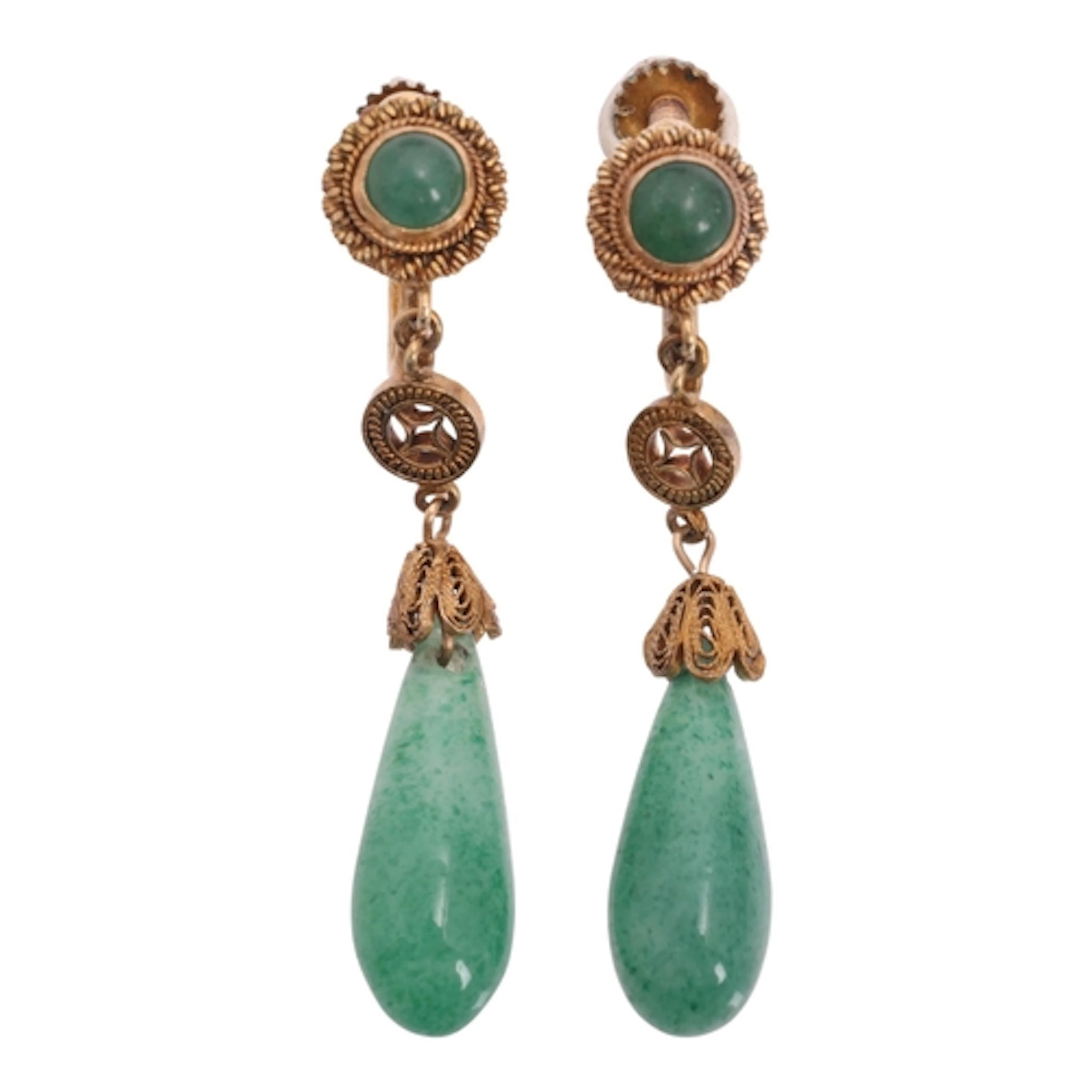 A pair of Chinese silver-gilt aventurine quartz drop earring...