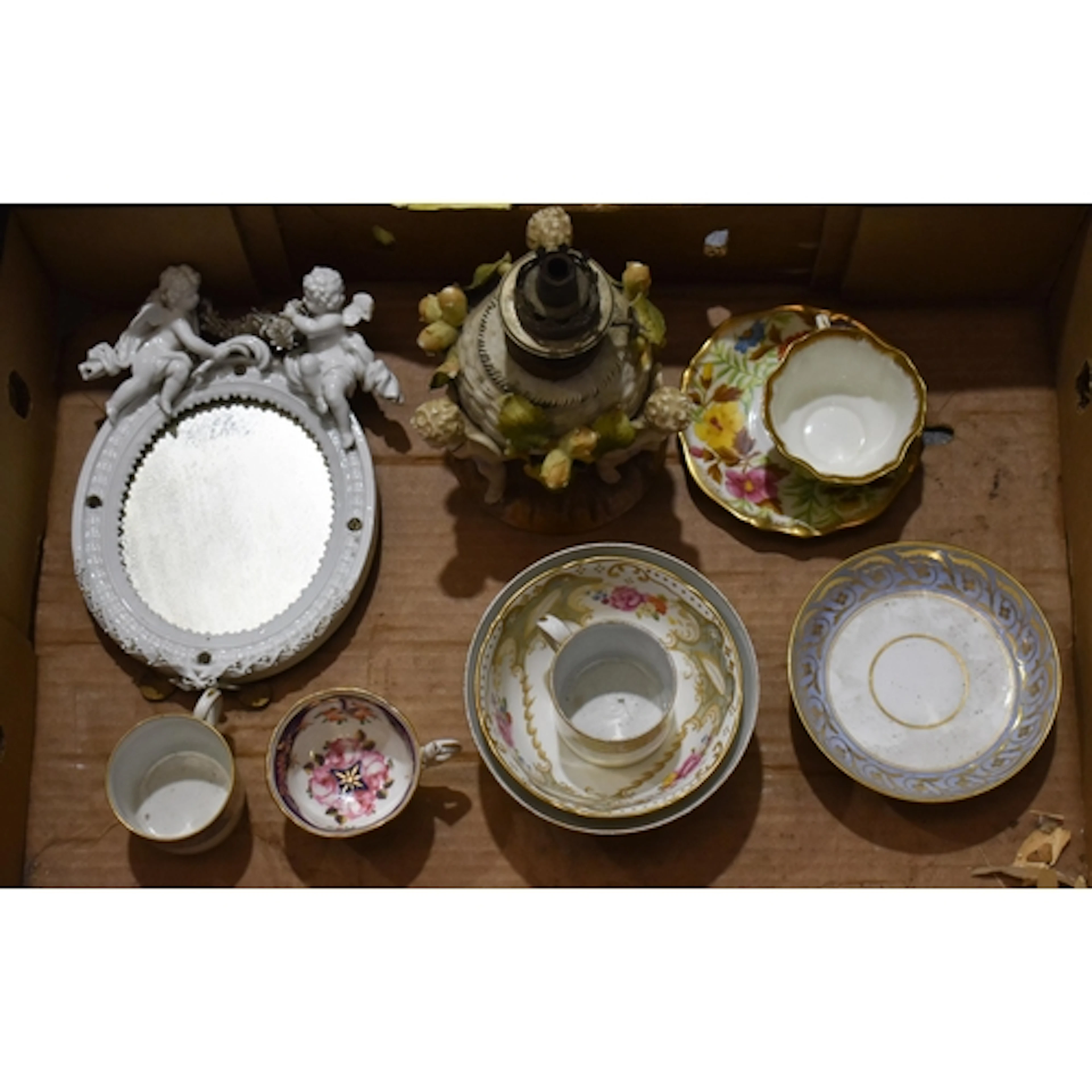 AN ANTIQUE GERMAN PORCELAIN OIL LAMP etc. (qty)