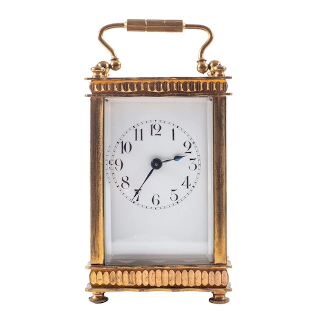 A French Edwardian brass carriage clock, the eight-day durat...
