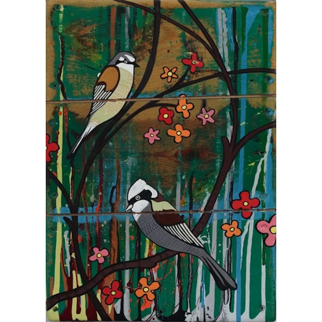 Remiz Pendulinus (penduline tits) perched on branches, oil o...