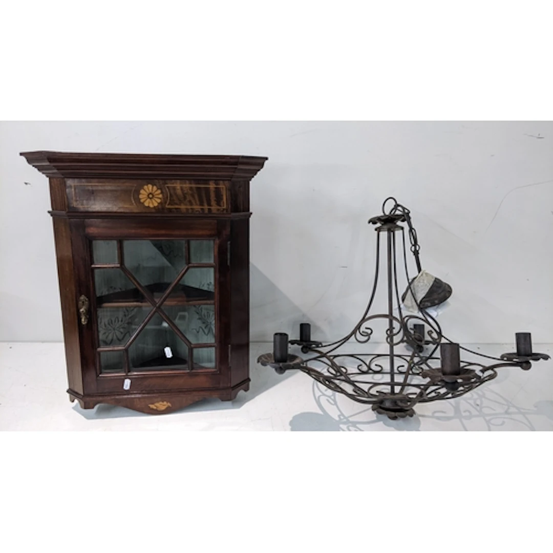A cast iron five branch chandelier, 53cm high, together with...