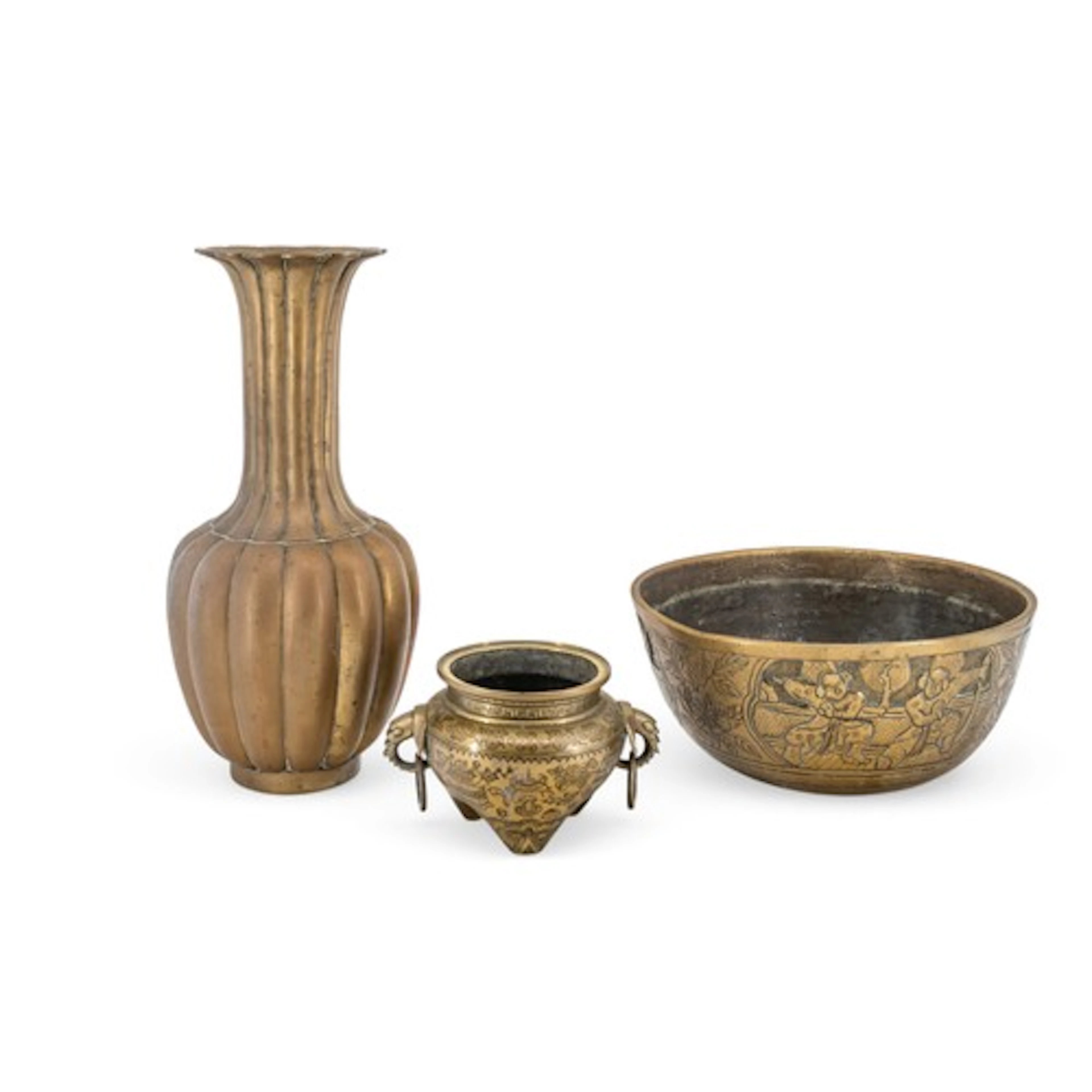 A CHINESE ENGRAVED GILT-METAL CENSER 20TH CENTURY together w...