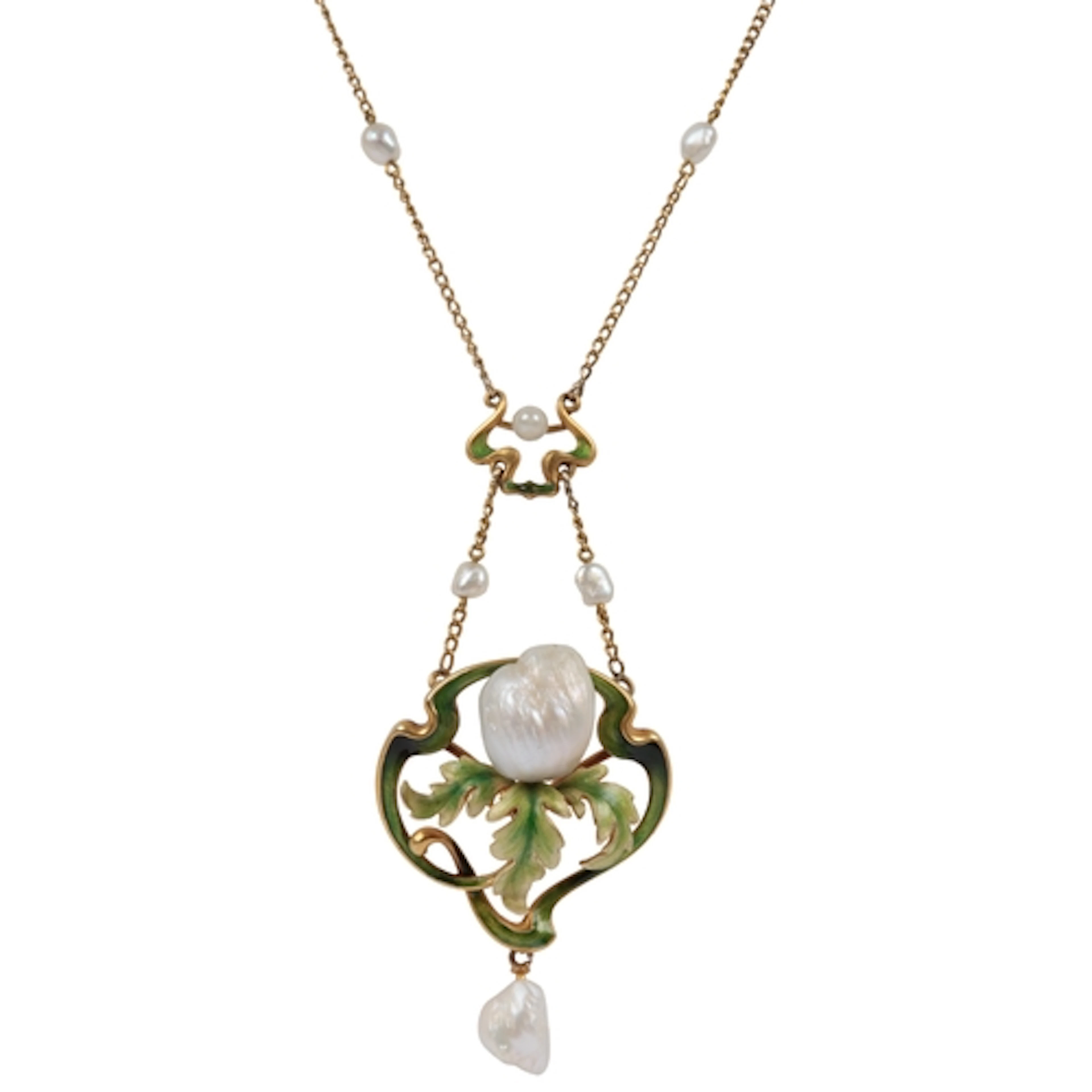 An attractive Art Nouveau pearl and enamel pendant necklace,...