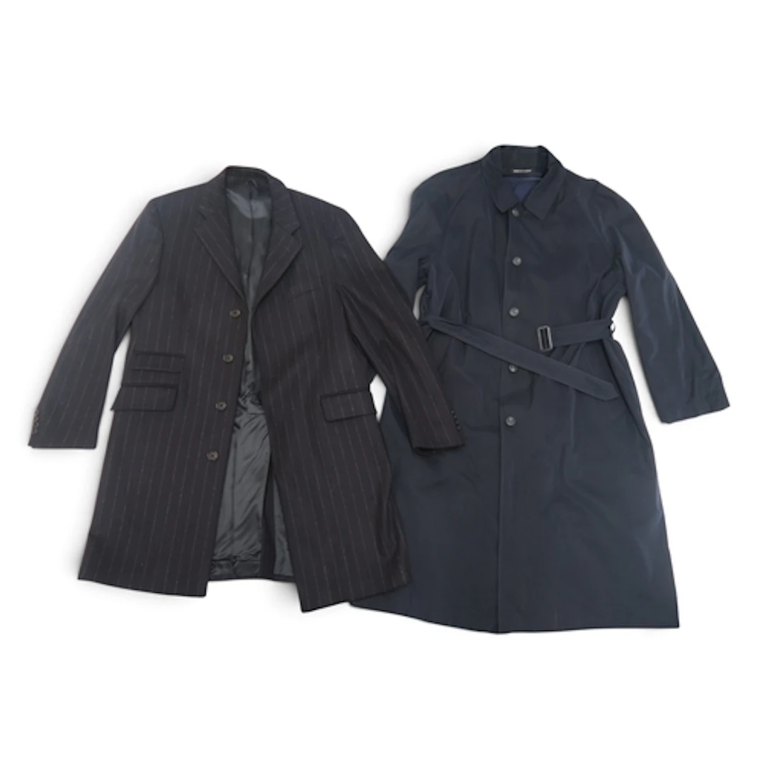 A dark blue pinstripe mens Burberry coat and a Paco Rabanne ...