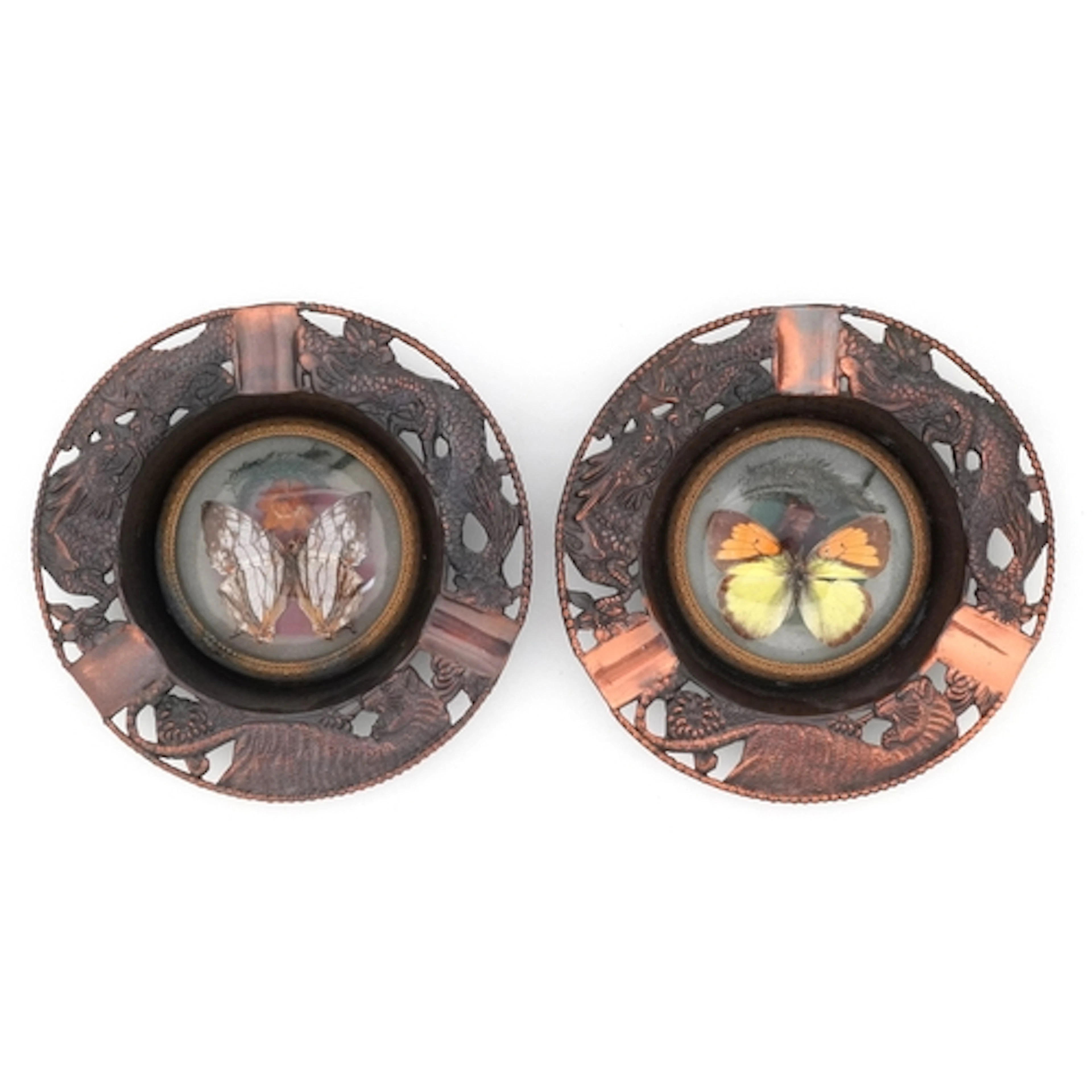 Two vintage taxidermy interest butterfly ashtrays with Japan...