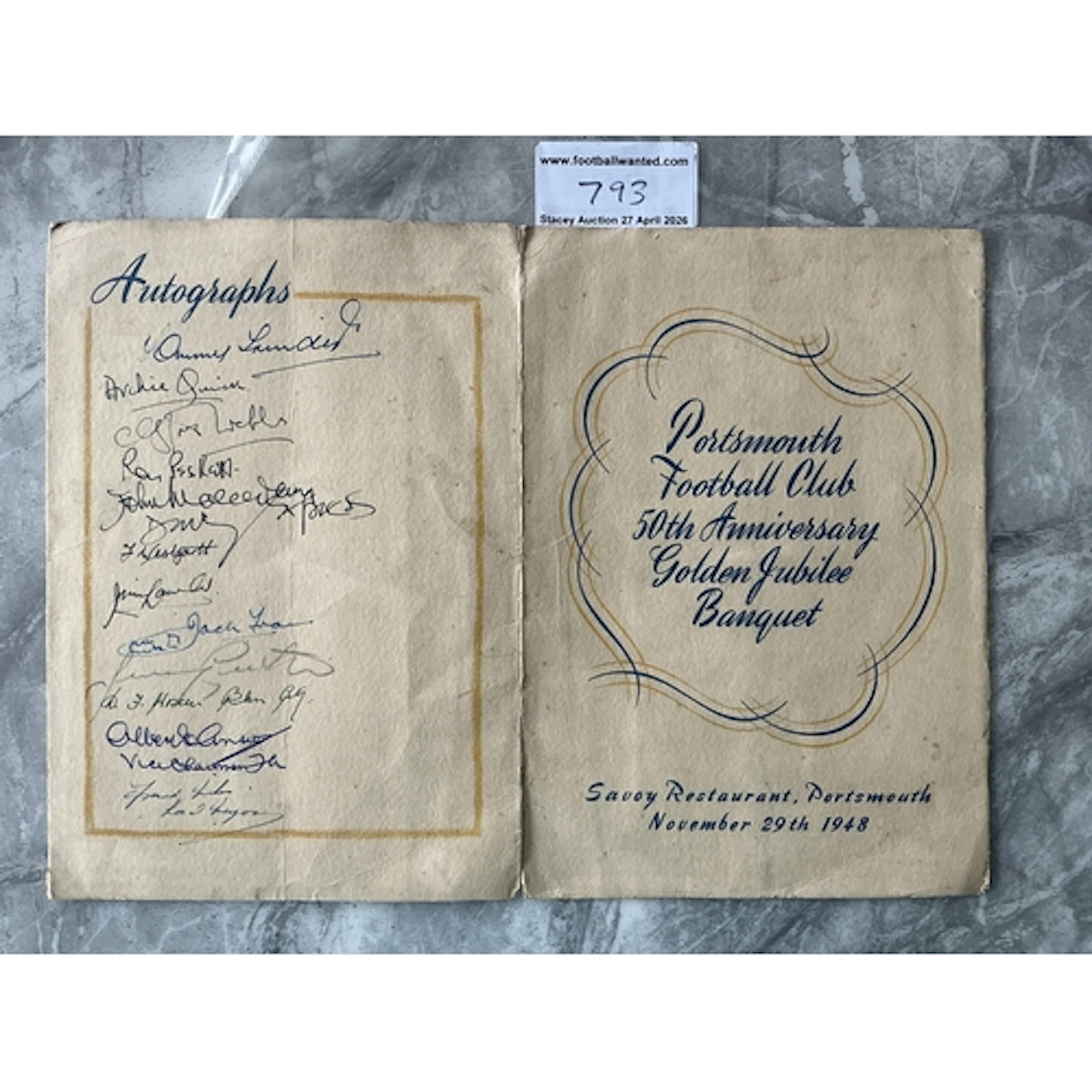 Portsmouth 1948 Signed Football Menu: Large November 1948 50...