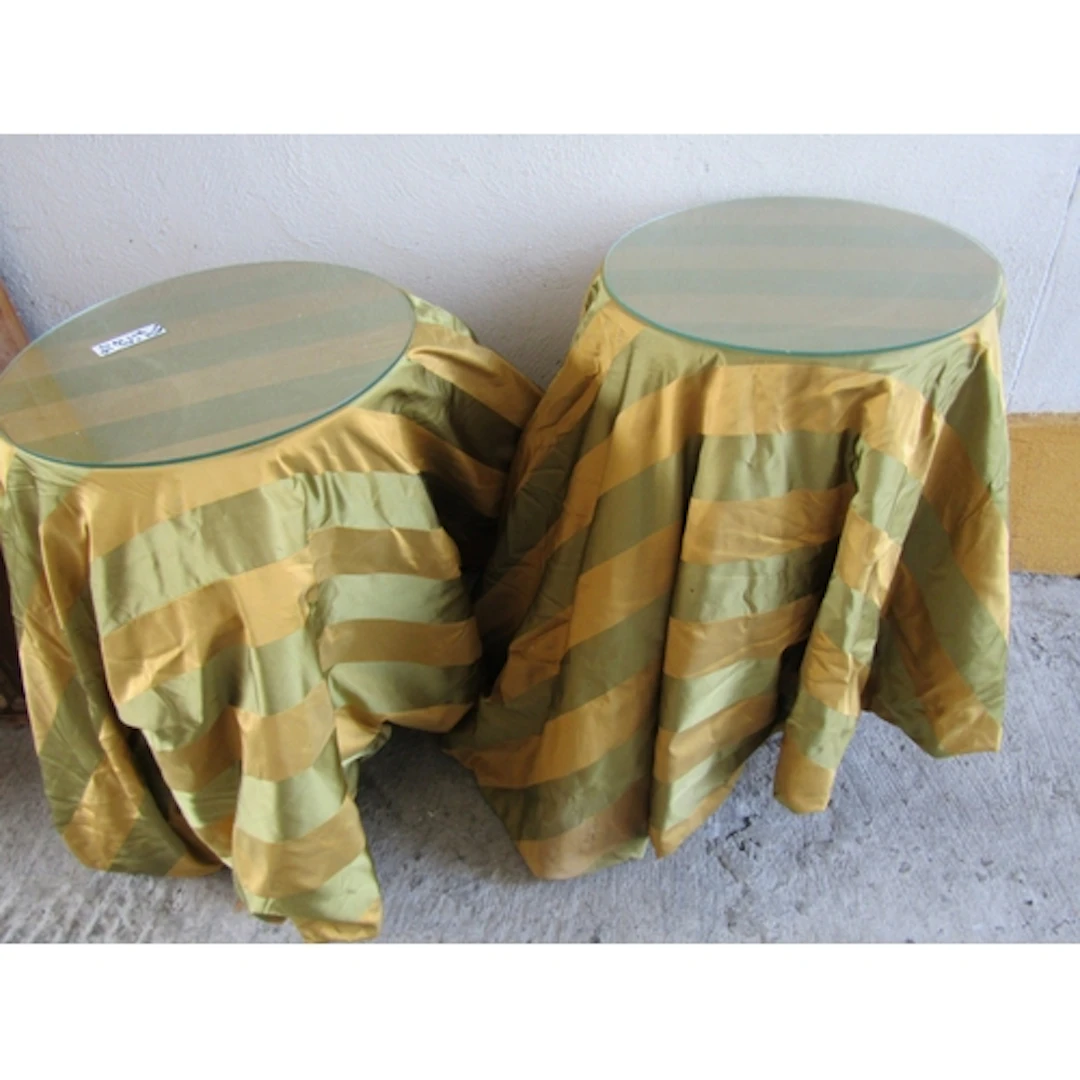Pair of Satin Brocade Covered Glass Top Circular Form Side T...