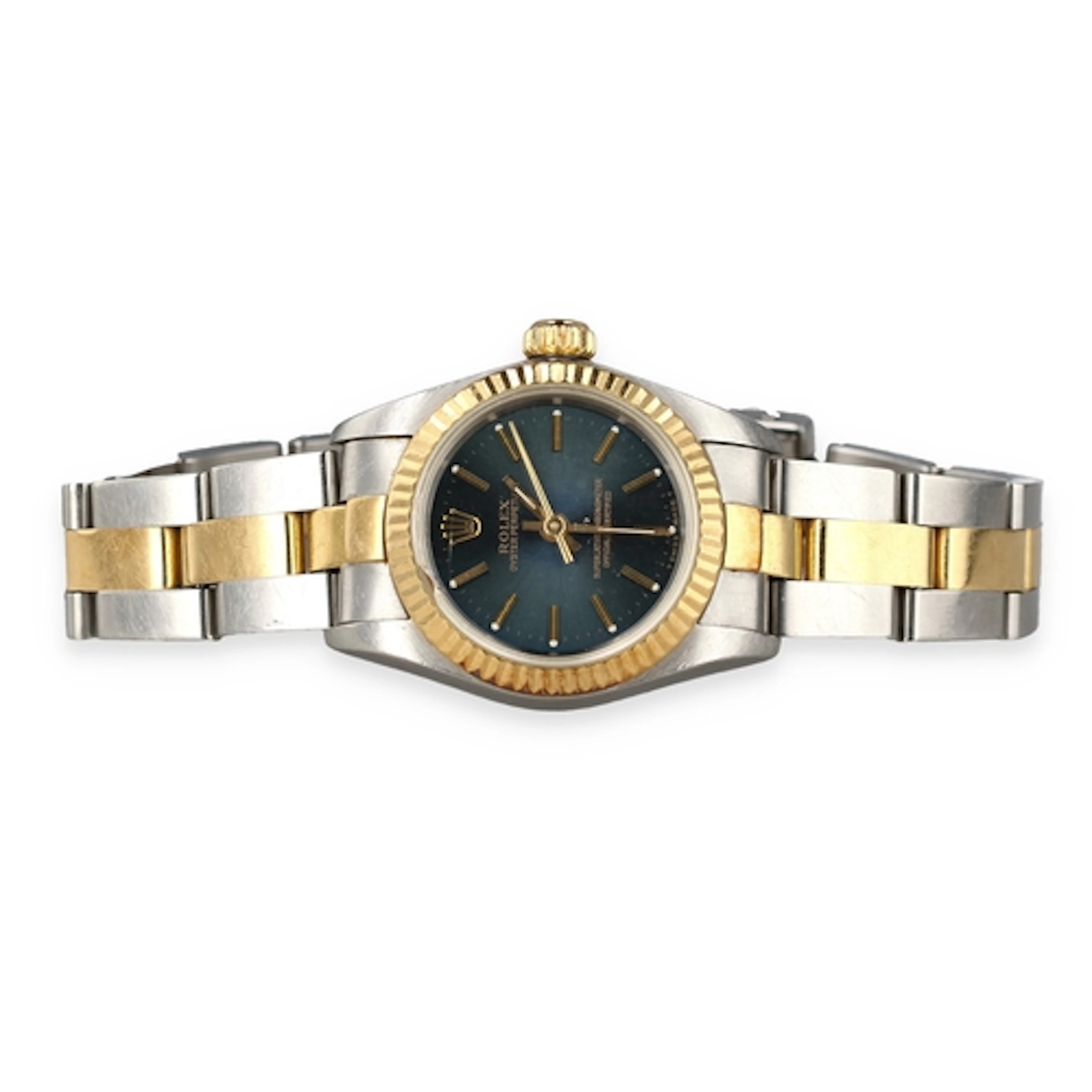 ROLEX: A LADIES 18CT GOLD AND STEEL OYSTER PERPETUAL WRISTWA...