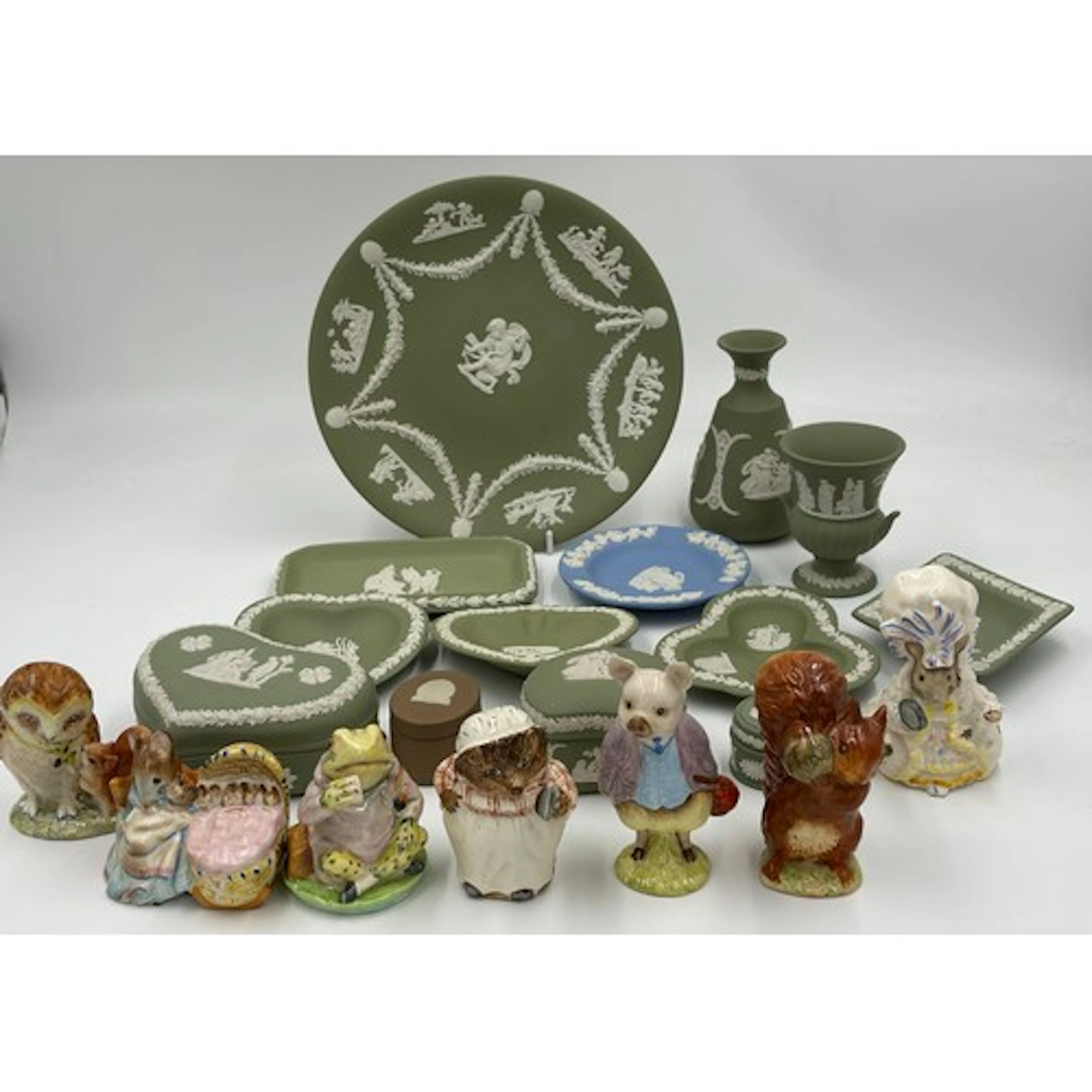 A collection Wedgwood Jasperware to include sage green plate...