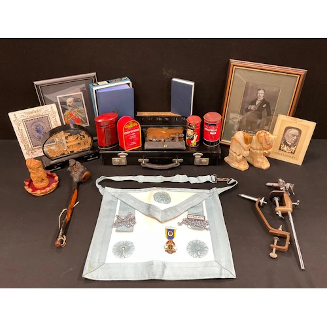 Boxes & Objects - a Masonic apron; silk Stevengraphs; fishin...