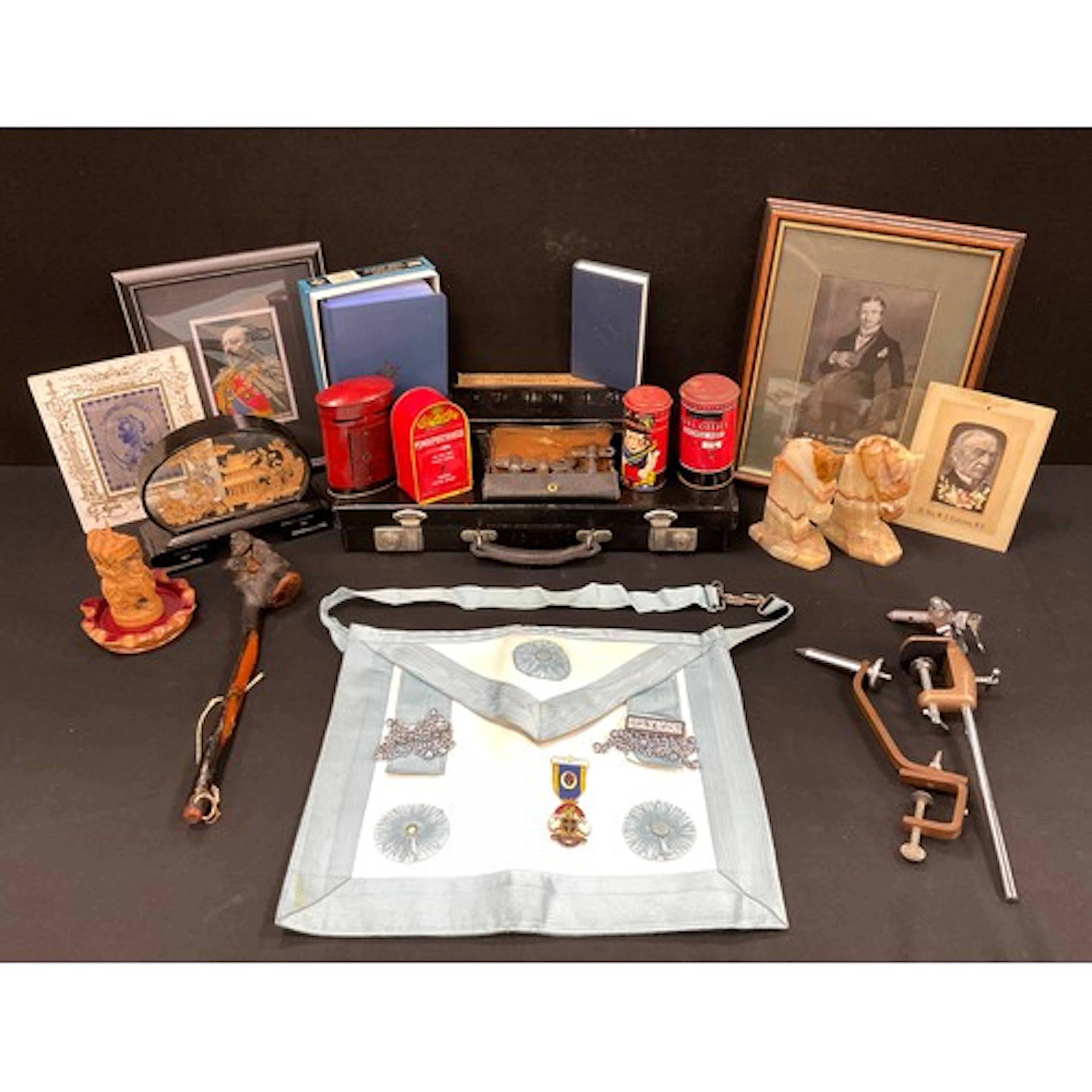 Boxes & Objects - a Masonic apron; silk Stevengraphs; fishin...
