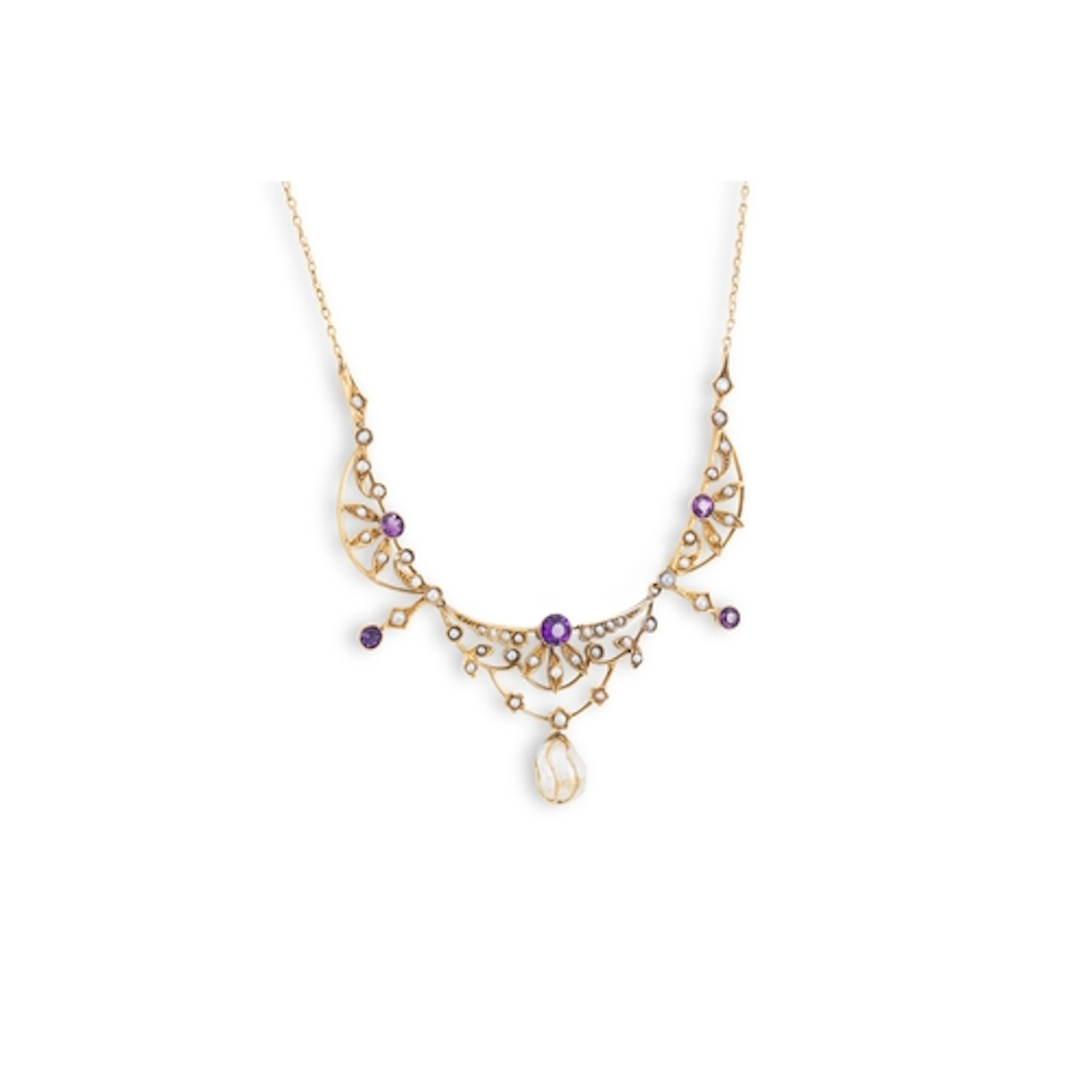 AN EDWARDIAN AMETHYST AND SEED PEARL NEGLIGÉ NECKLACE, mount...