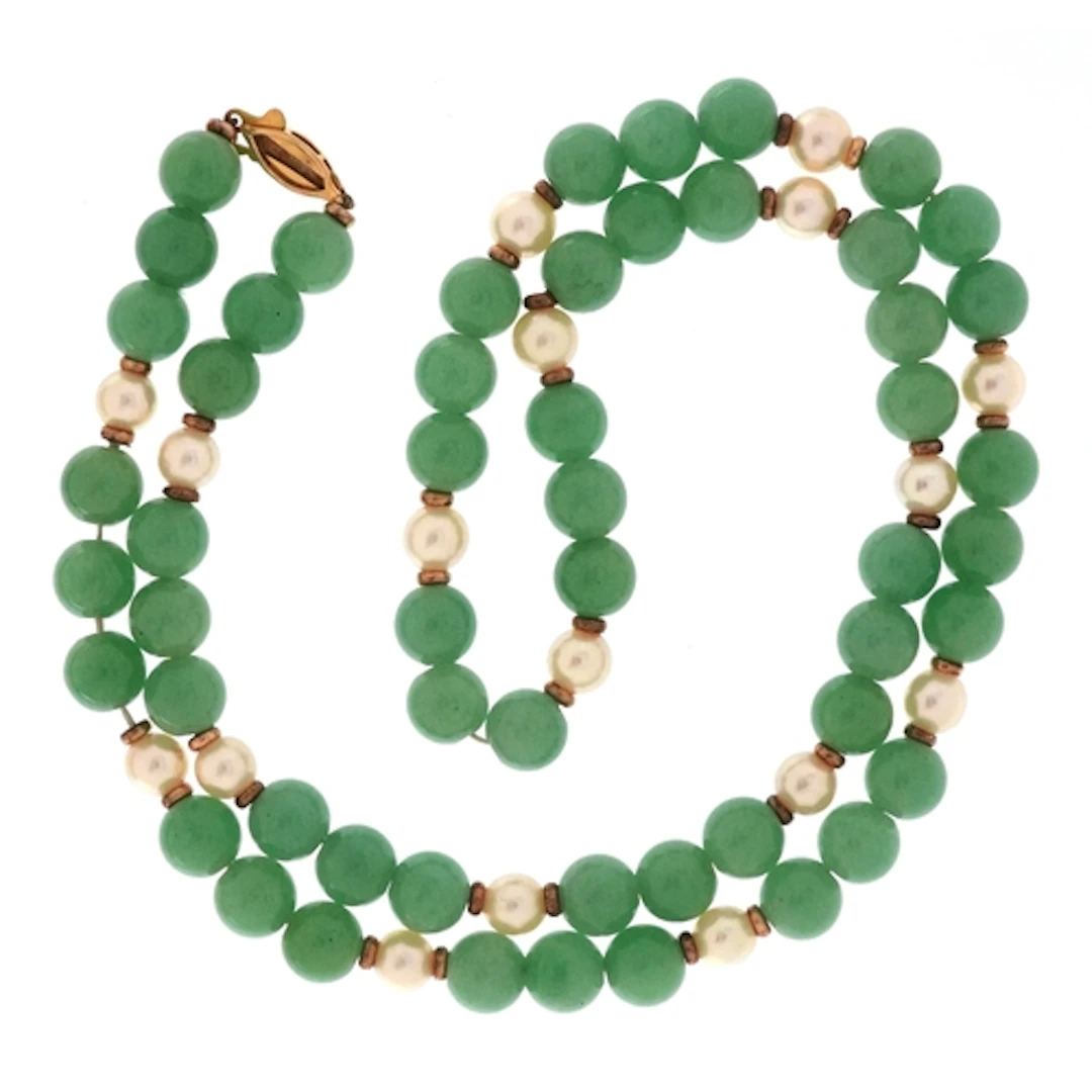 Chinese cultured pearl and green stone bead necklace with ye...