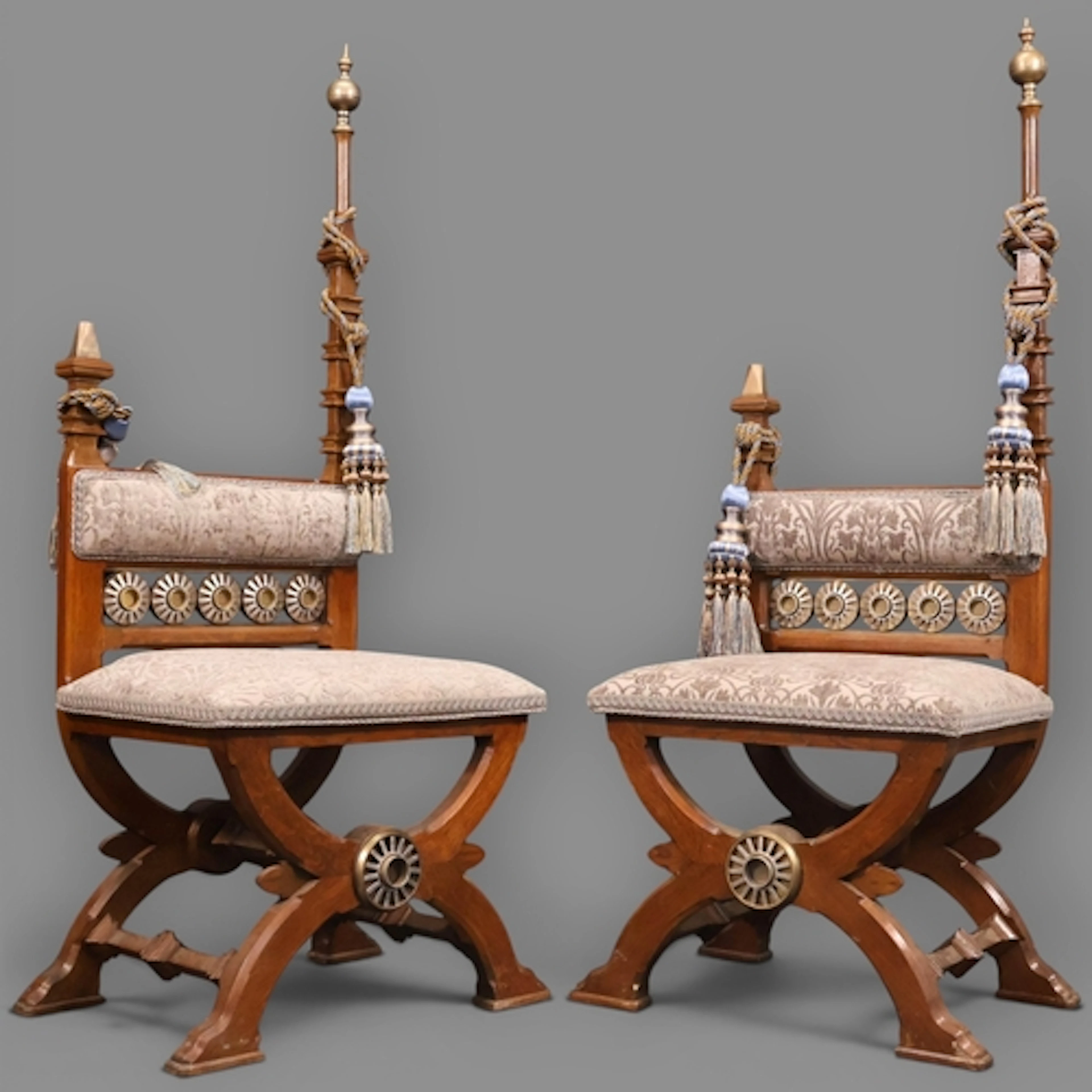An unusual pair of Carlo Bugatti style chairs in oak with cu...