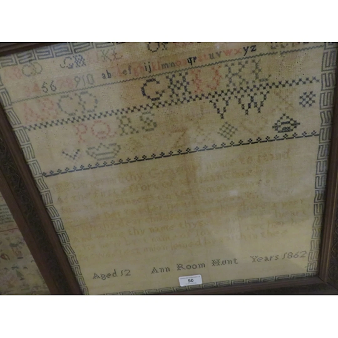 Victorian needlework sampler, of alphabet and motto design, ...
