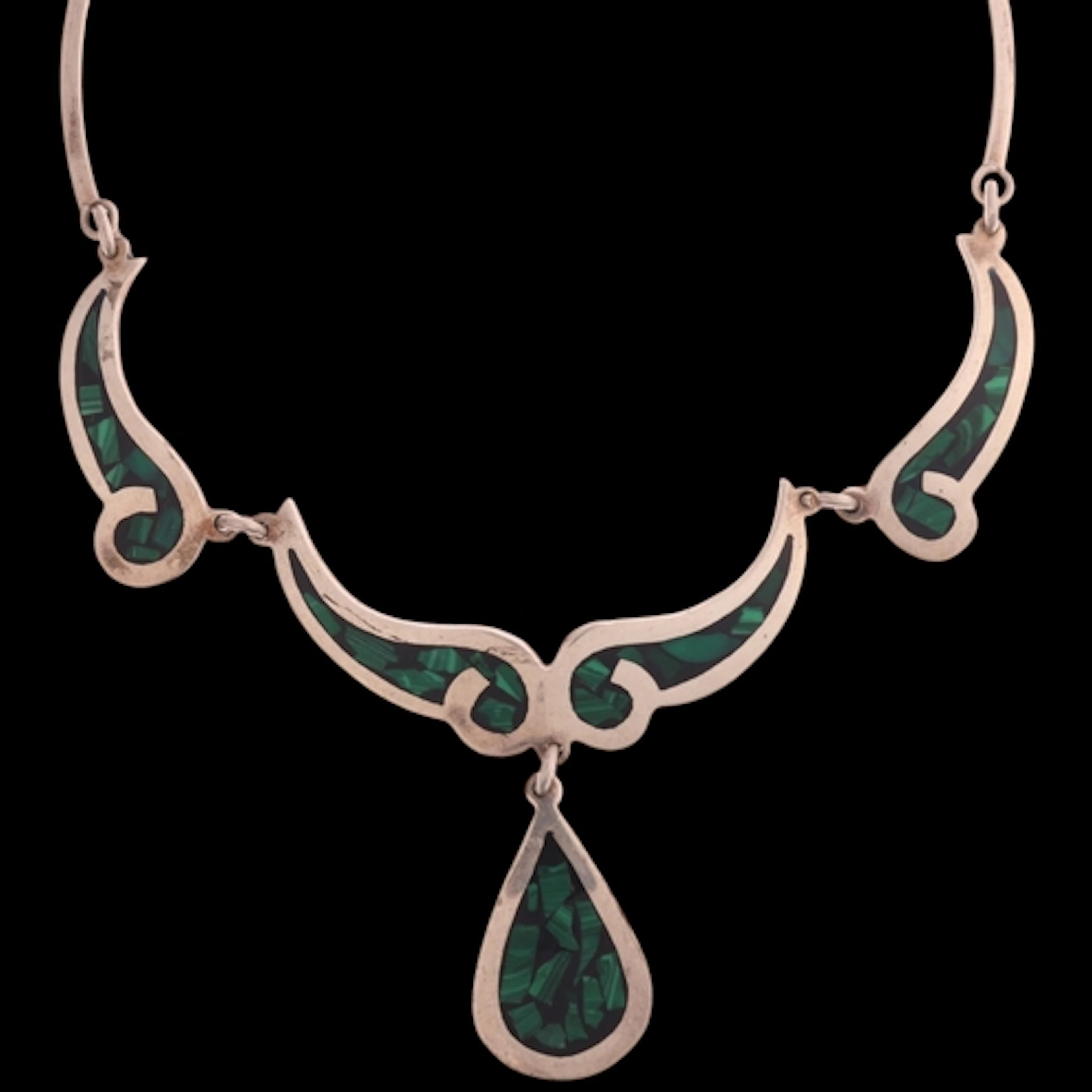A Mexican modernist Taxco sterling silver mosaic malachite p...