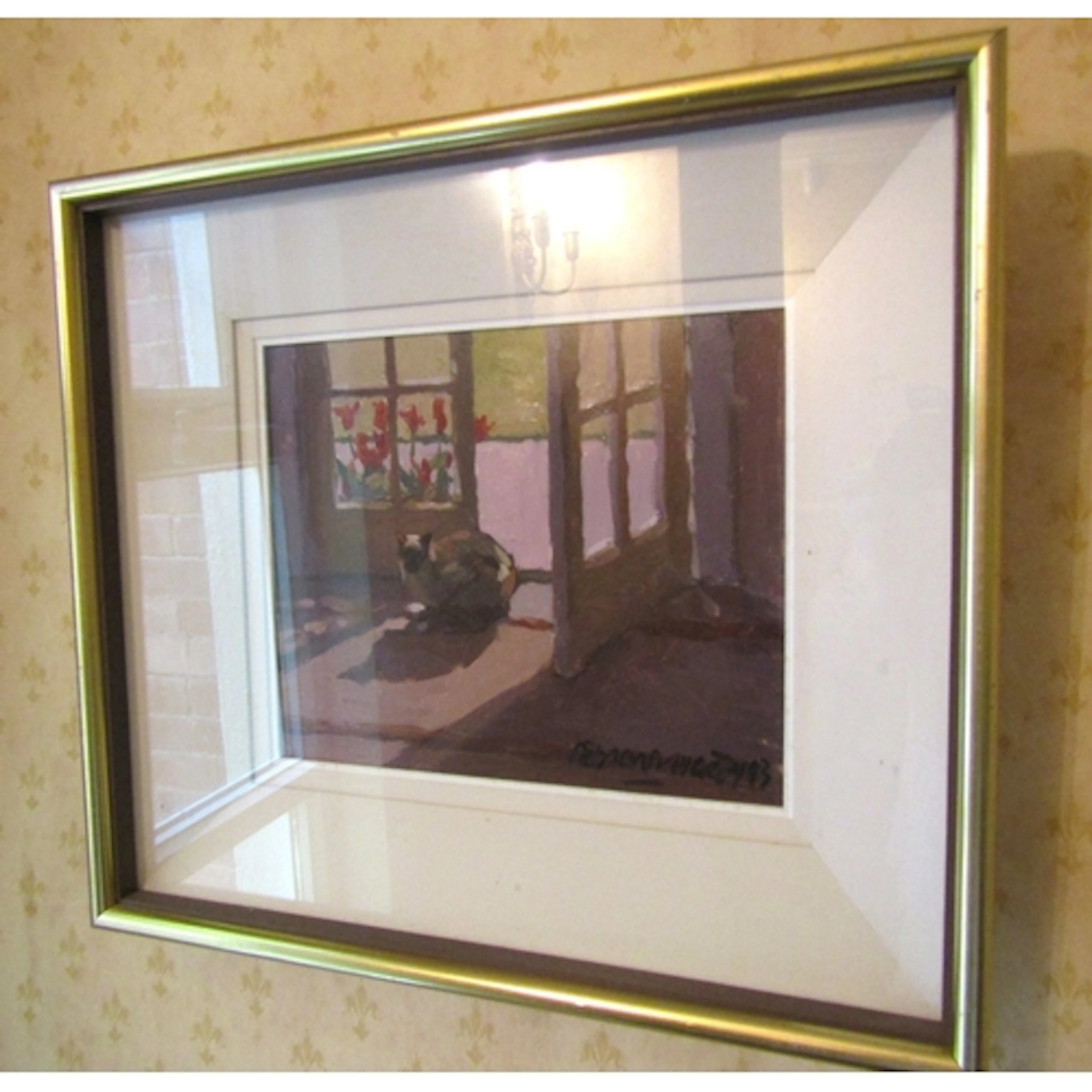 Desmond Hickey Cat with Tulips Oil on Board Approximately 10...