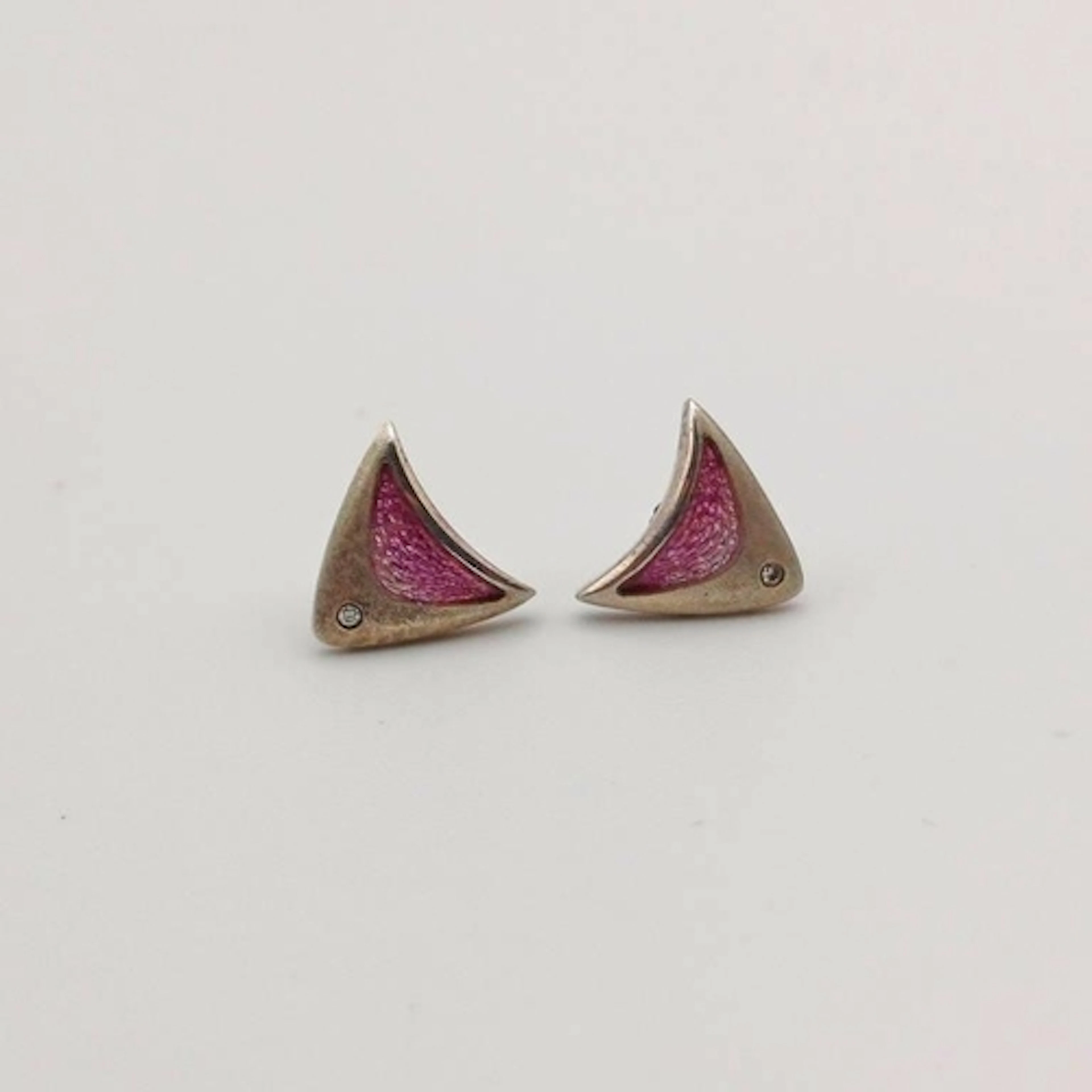 PAIR SHEILA FLEET SILVER ENAMEL & DIAMOND SET TRIANGULAR EAS...