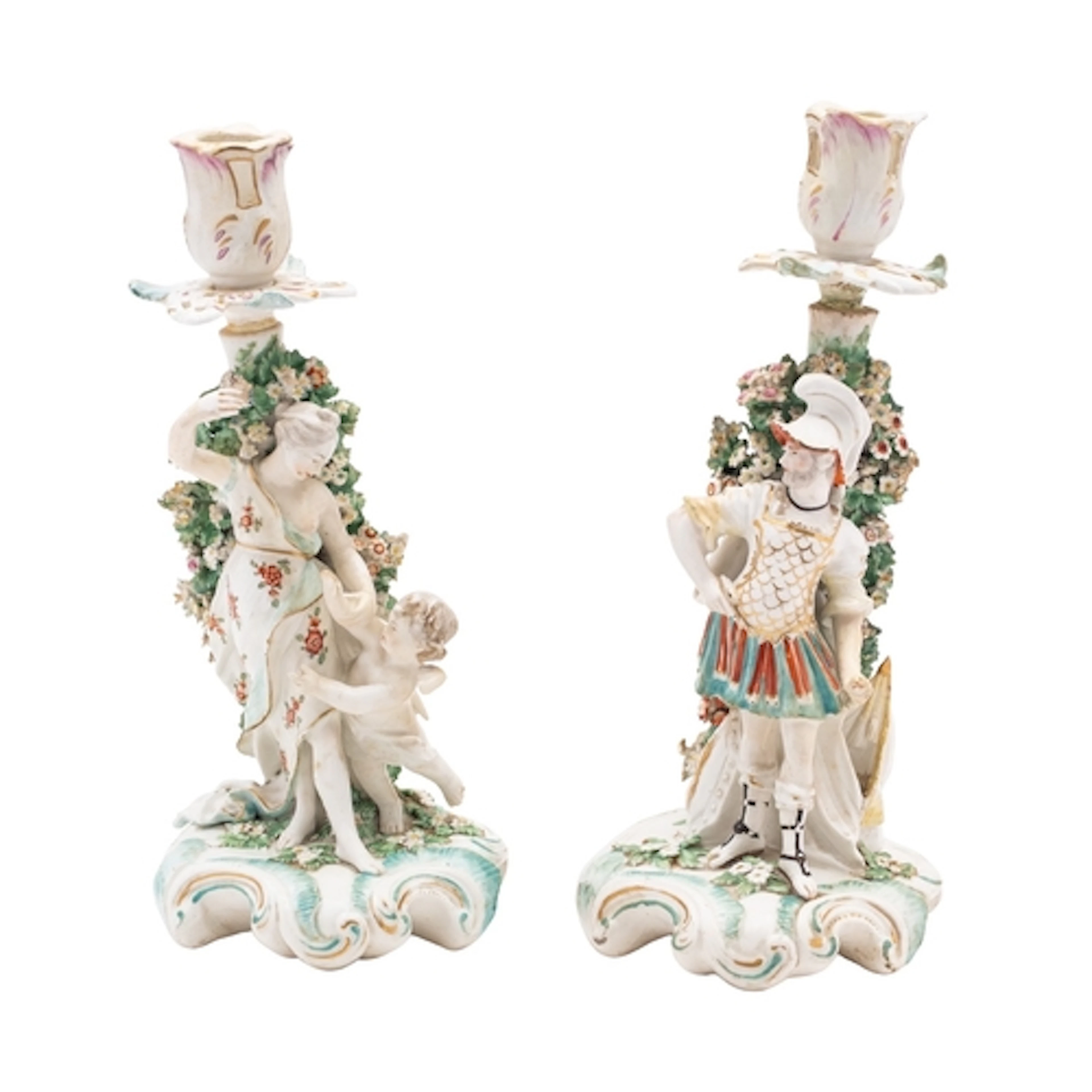 A pair of Derby bocage candlestick figures of Mars and Venus...