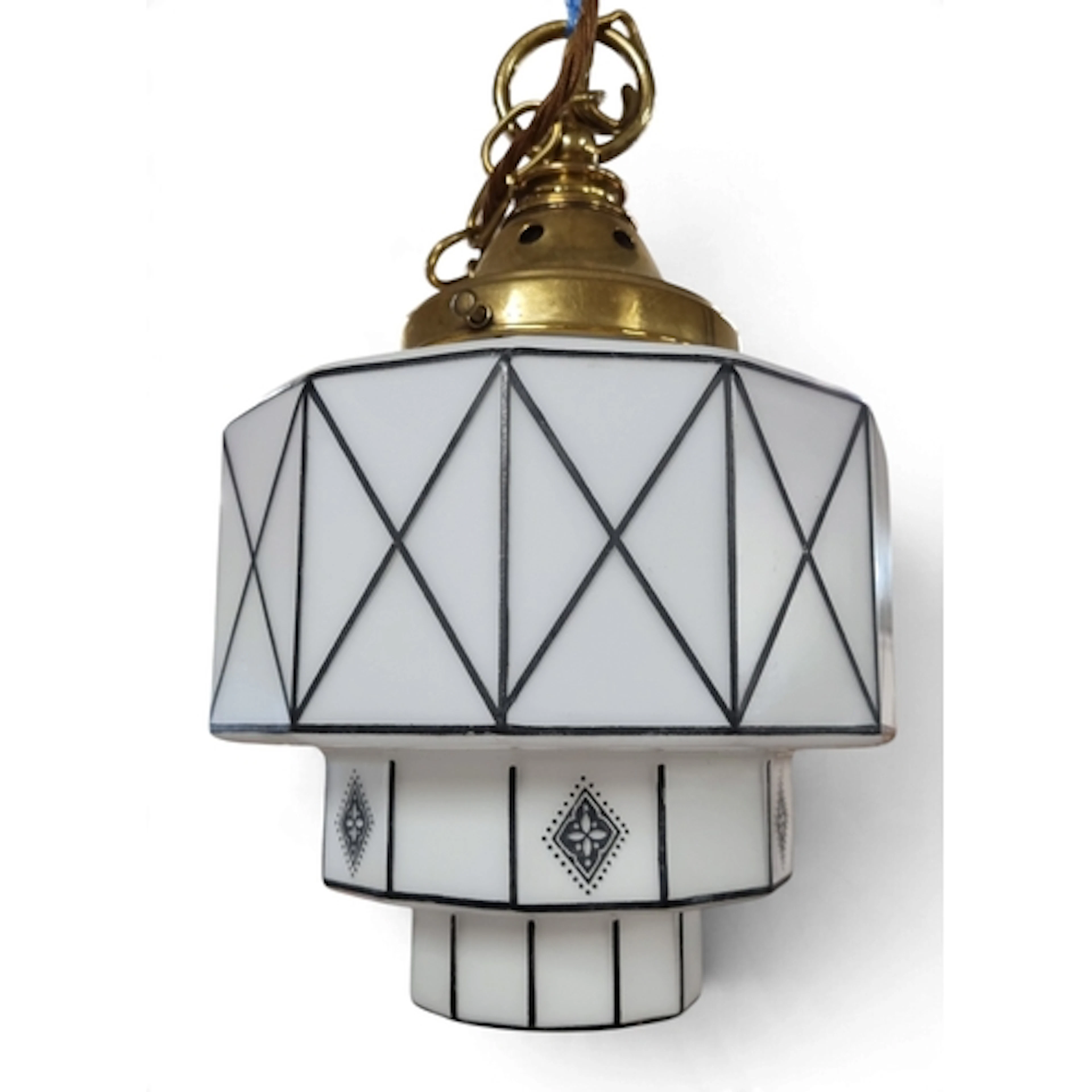 A superb Art Deco geometric pendant light, featuring a hand-...