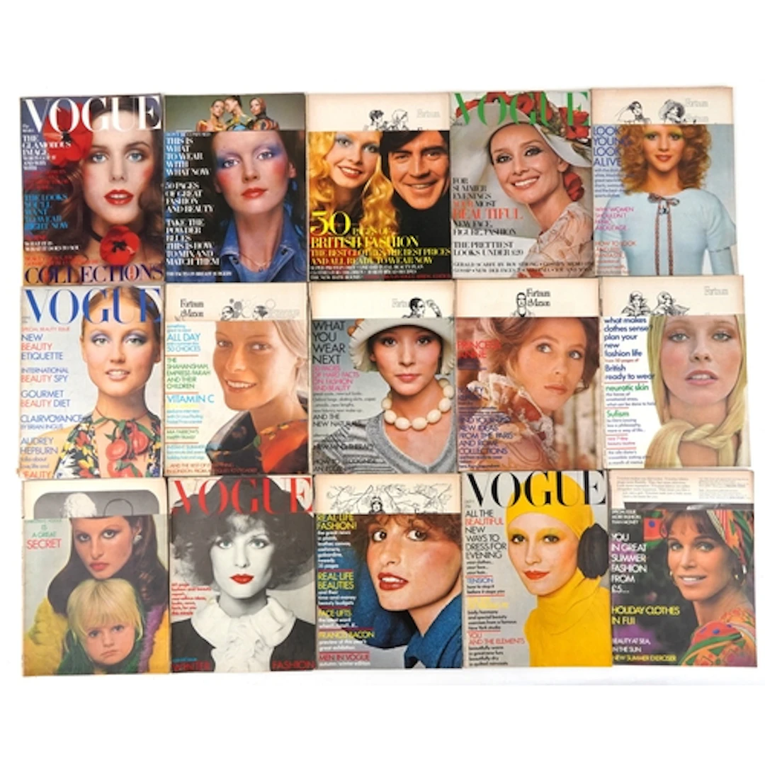 Collection of 1971 Vogue magazines.
