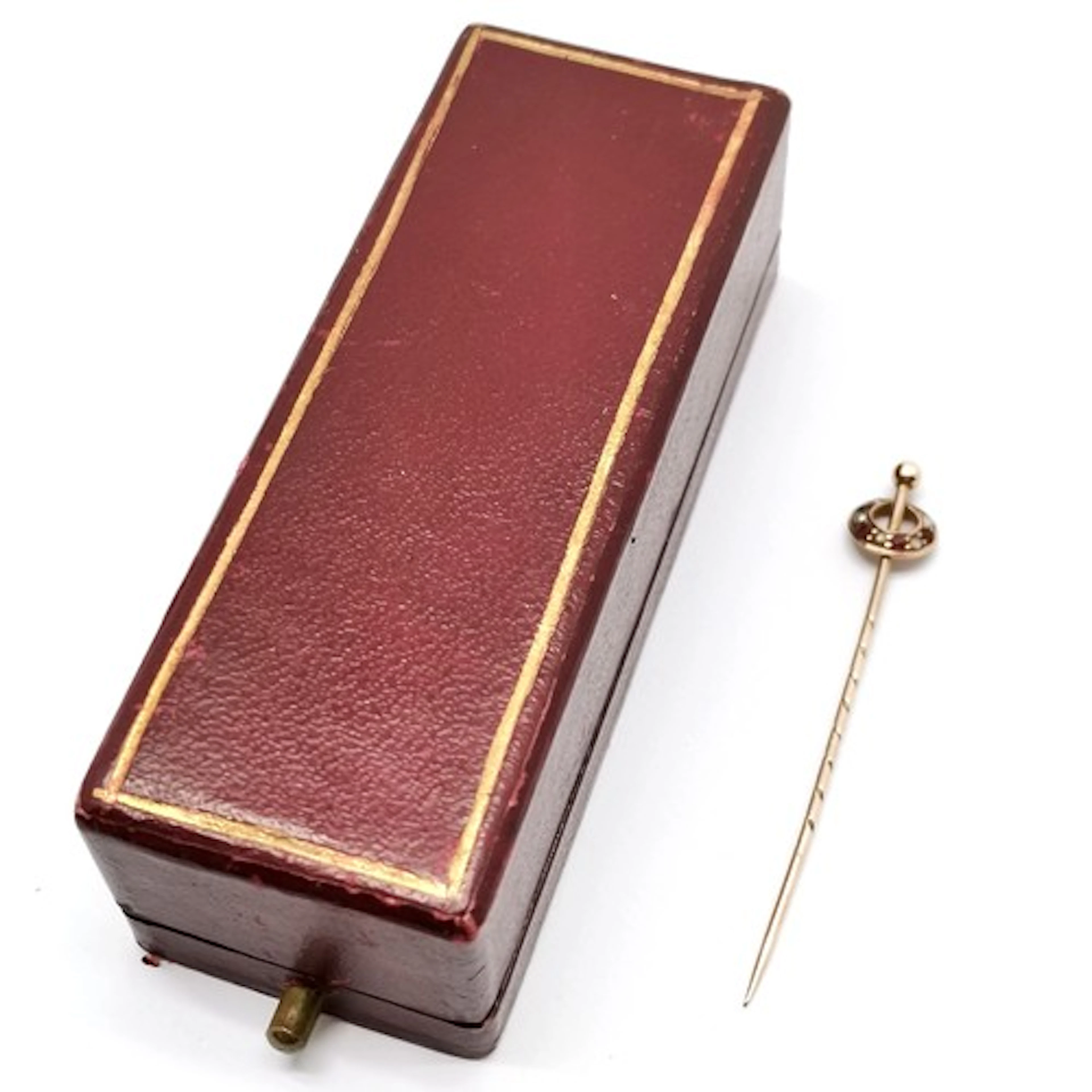 Antique unmarked gold pin set with pearl & red stone in a Ma...