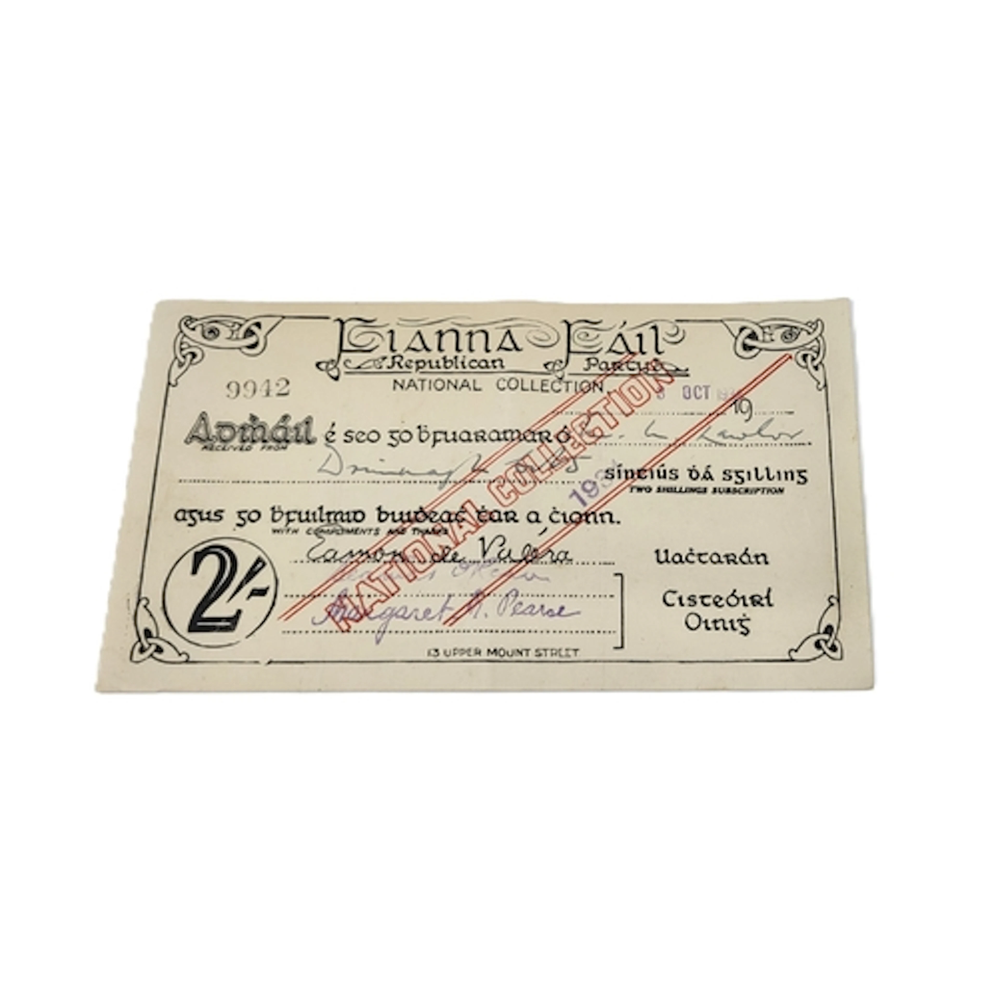 A 1934 FIANNA FAIL 2/- TWO SHILLING RECEIPT, with original s...