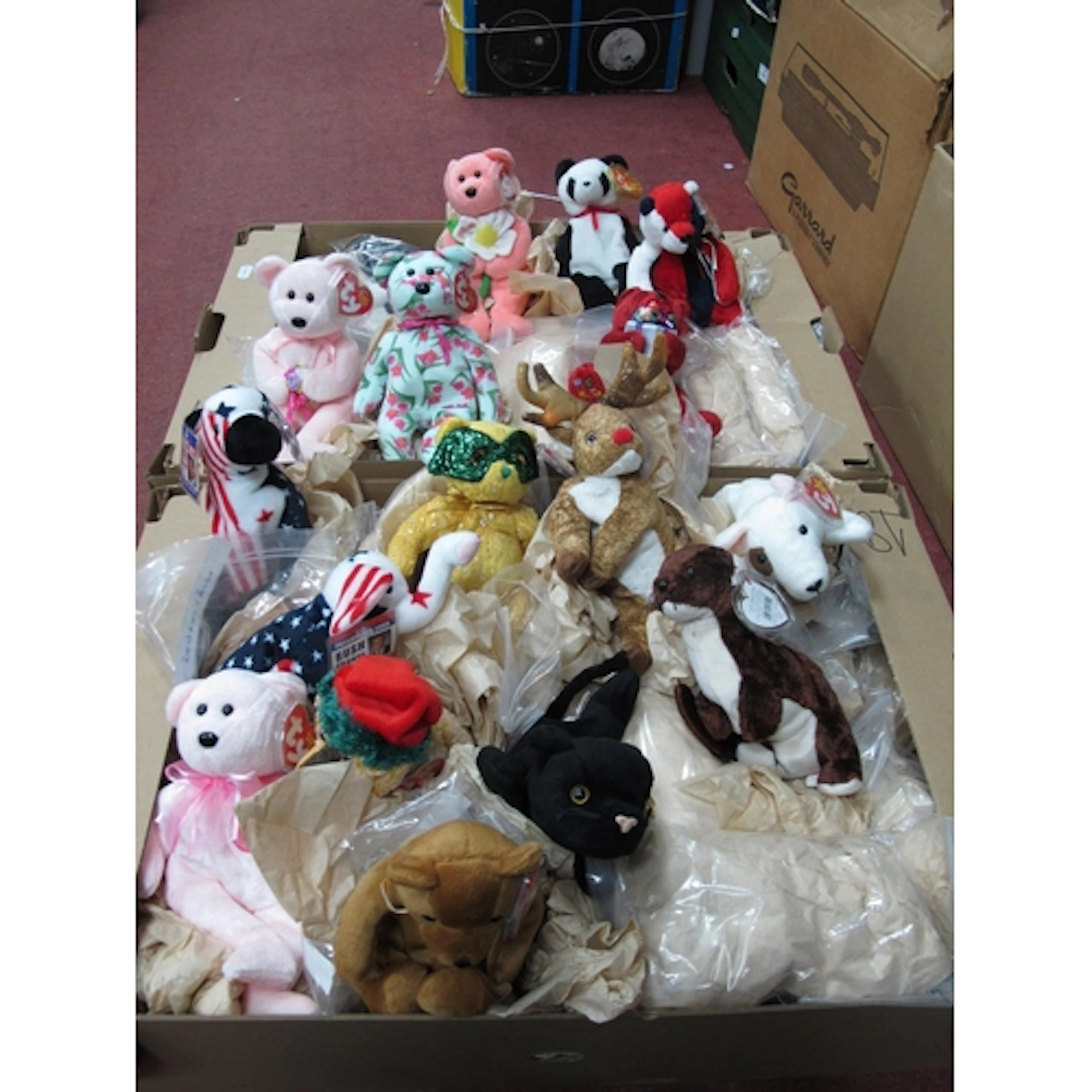 Sixty TY Beanie Babies in plastic bags with warps and labels...