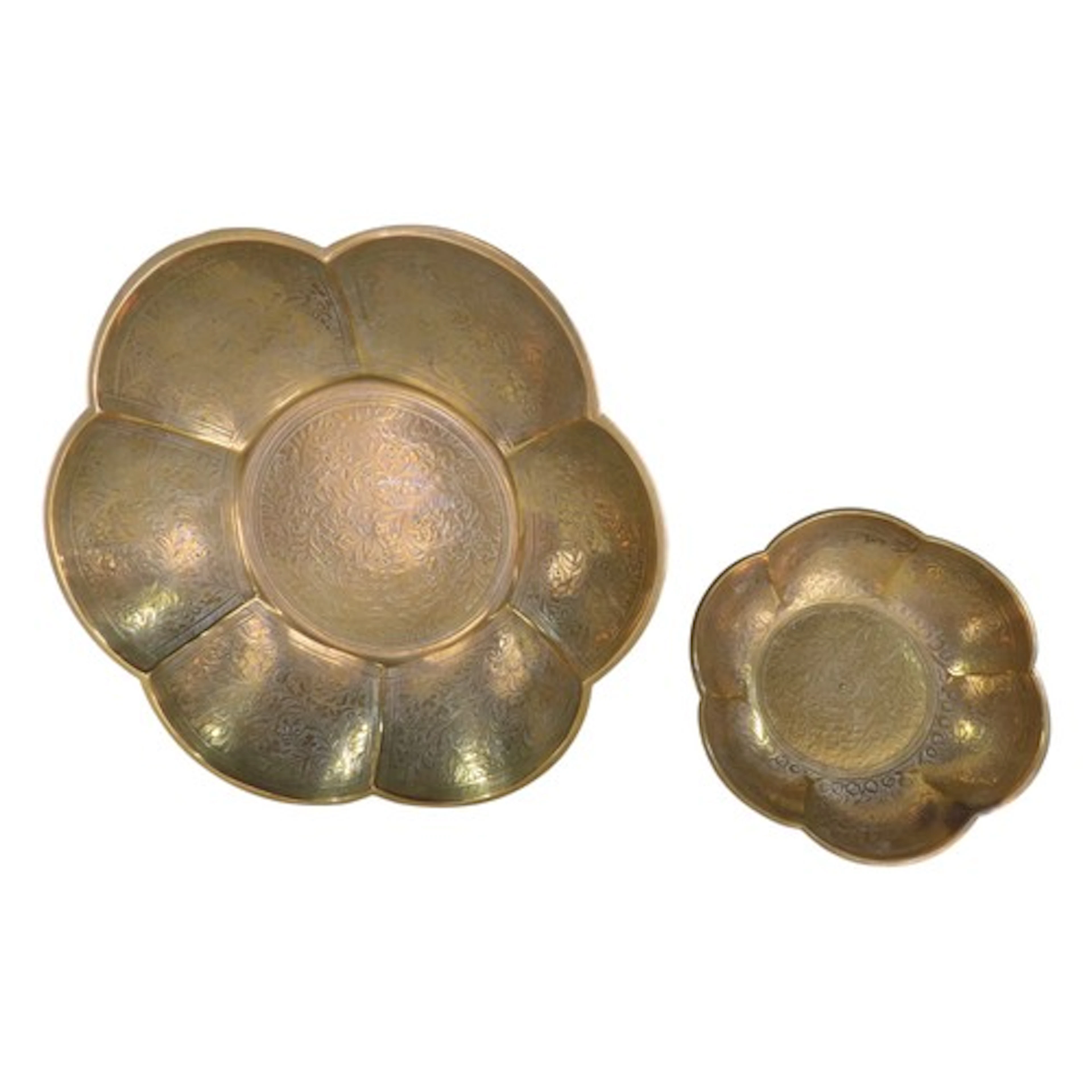 A pair of heavy antique graduating Indian brass dishes with...
