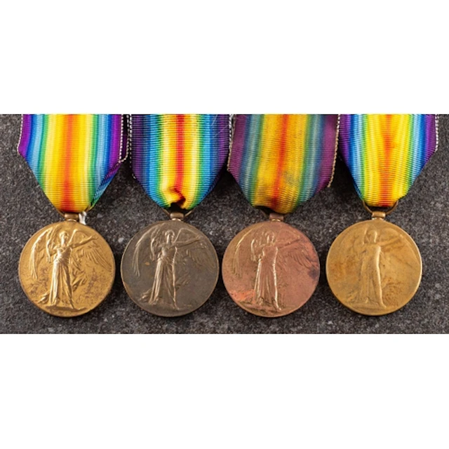 Four George V Victory Medals. '32706 ''AM W Raywood RAF' '1...