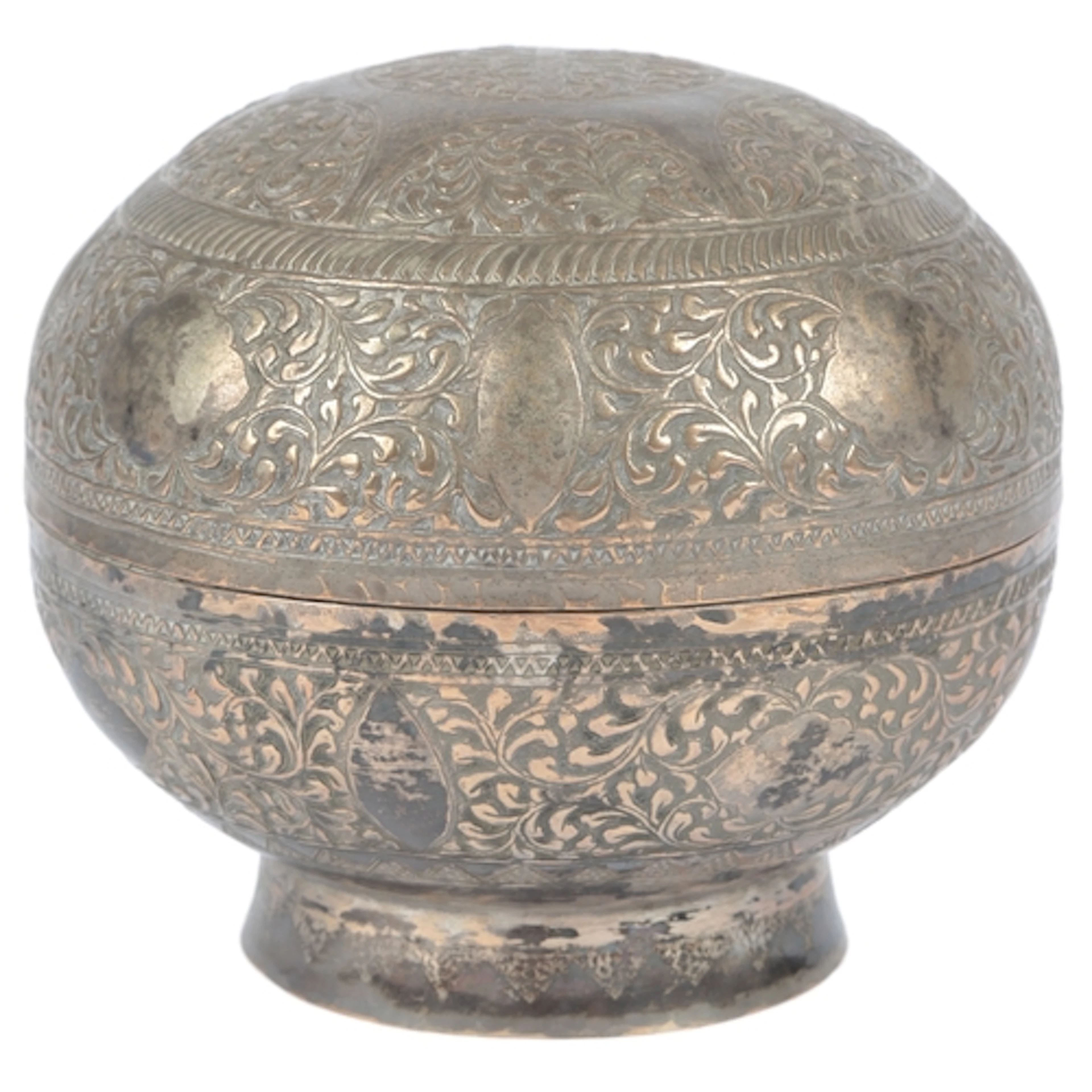 A Straits silvered metal offering box and cover, Indonesia, ...