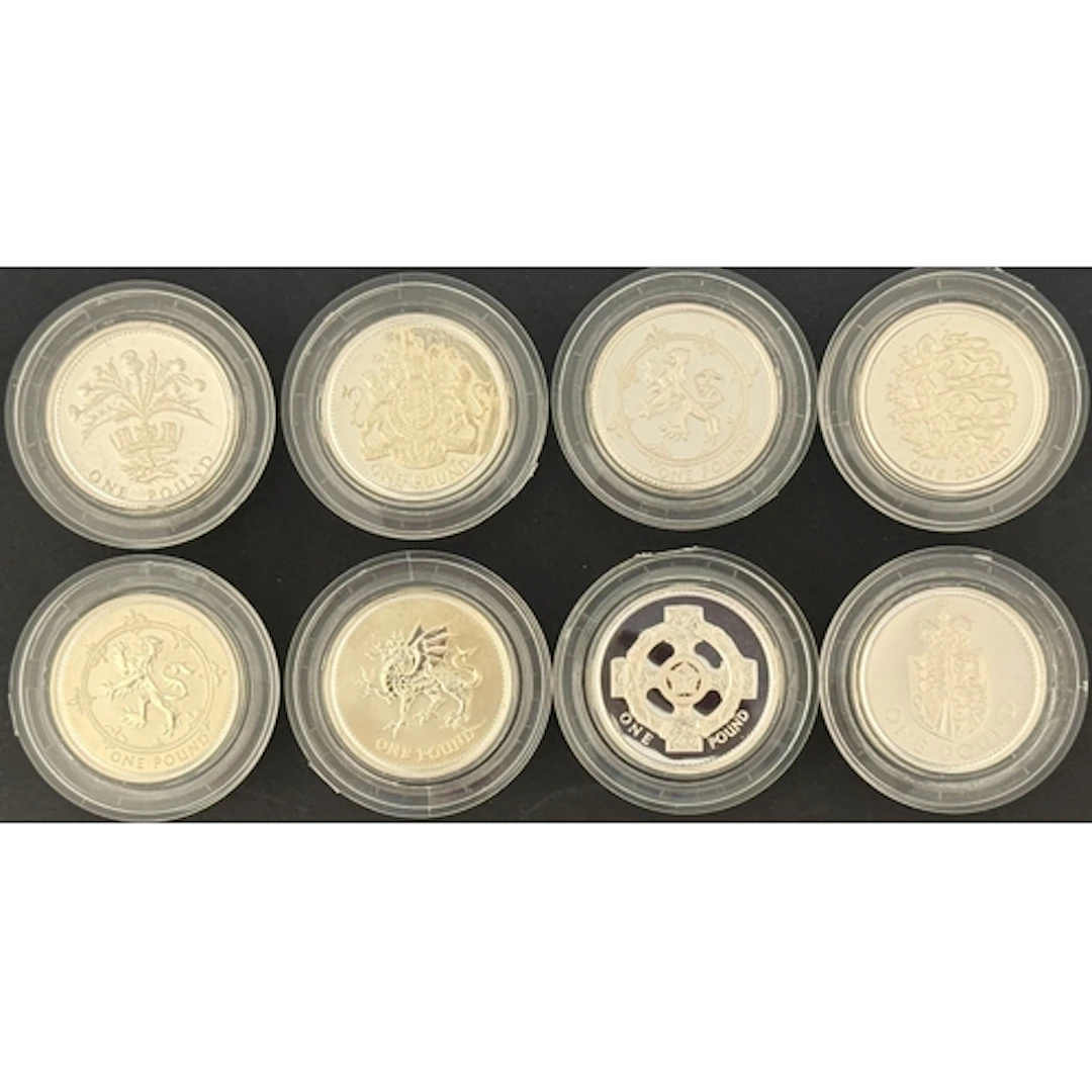 A group of eight UK QEII £1 silver proof coins, dated 1988, ...
