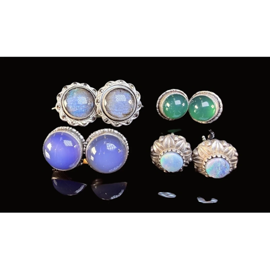 4 pairs of white metal earrings set moonstone, butterfly win...