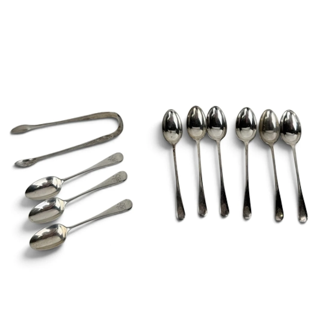 A PAIR OF VICTORIAN SILVER SUGAR TONGS, GLASGOW 1872, TOGETH...