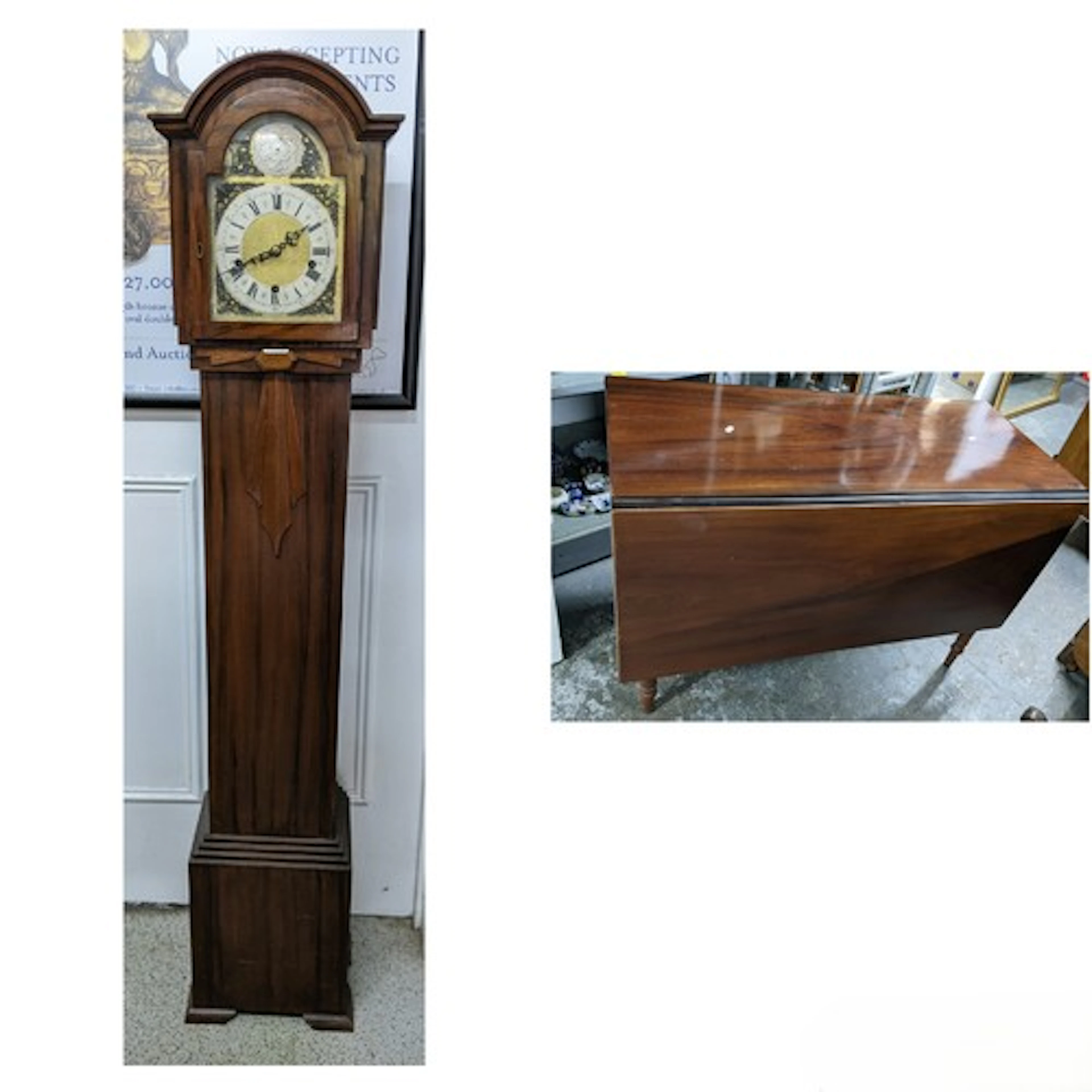 An early 20th century granddaughter clock, the arched top di...