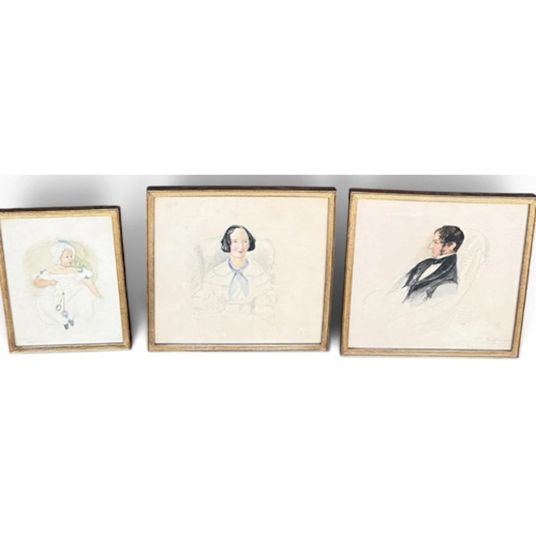 THREE VICTORIAN PORTRAITS Pencil and watercolour on paper. 2...