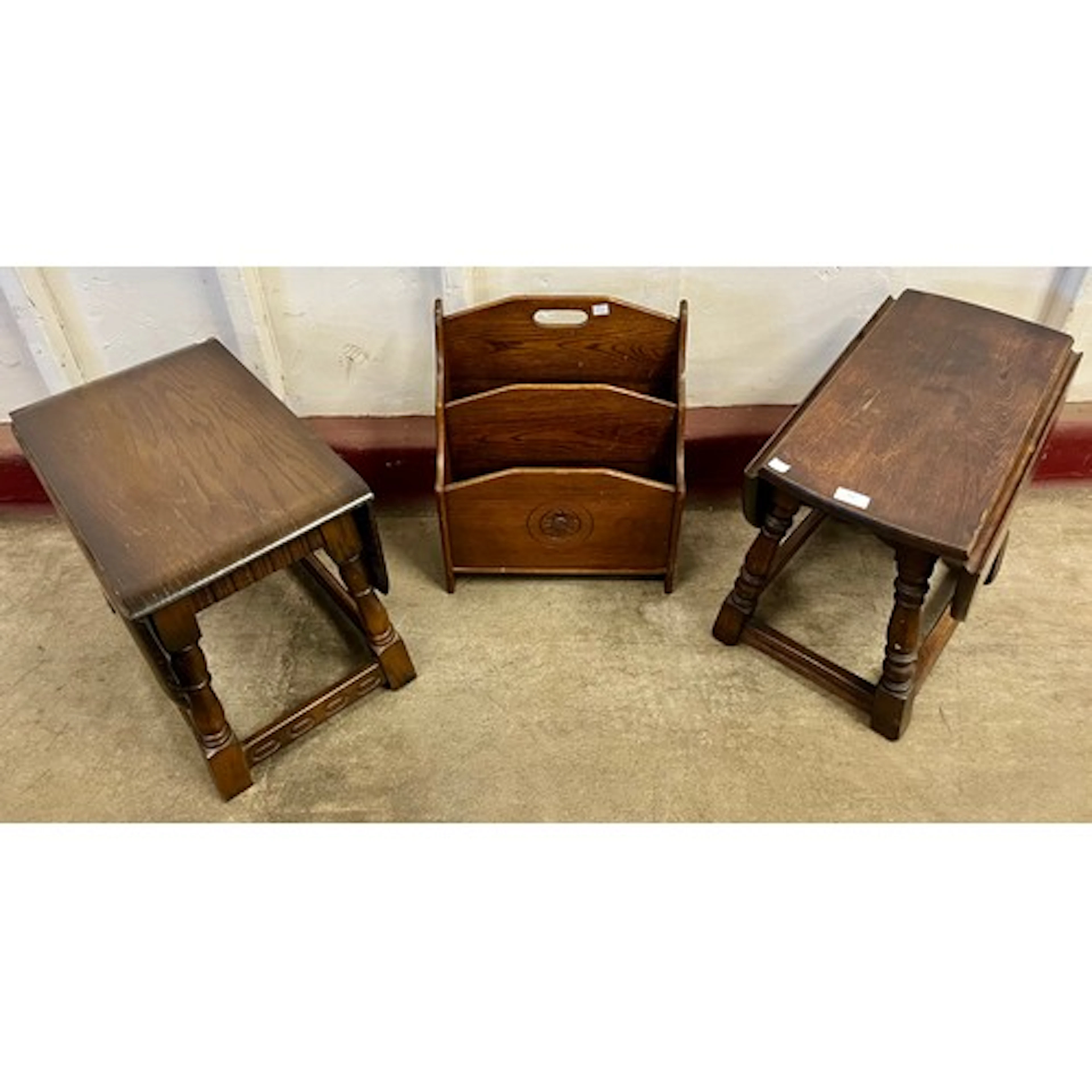 Two oak gateleg occasional tables and an oak magazine rack