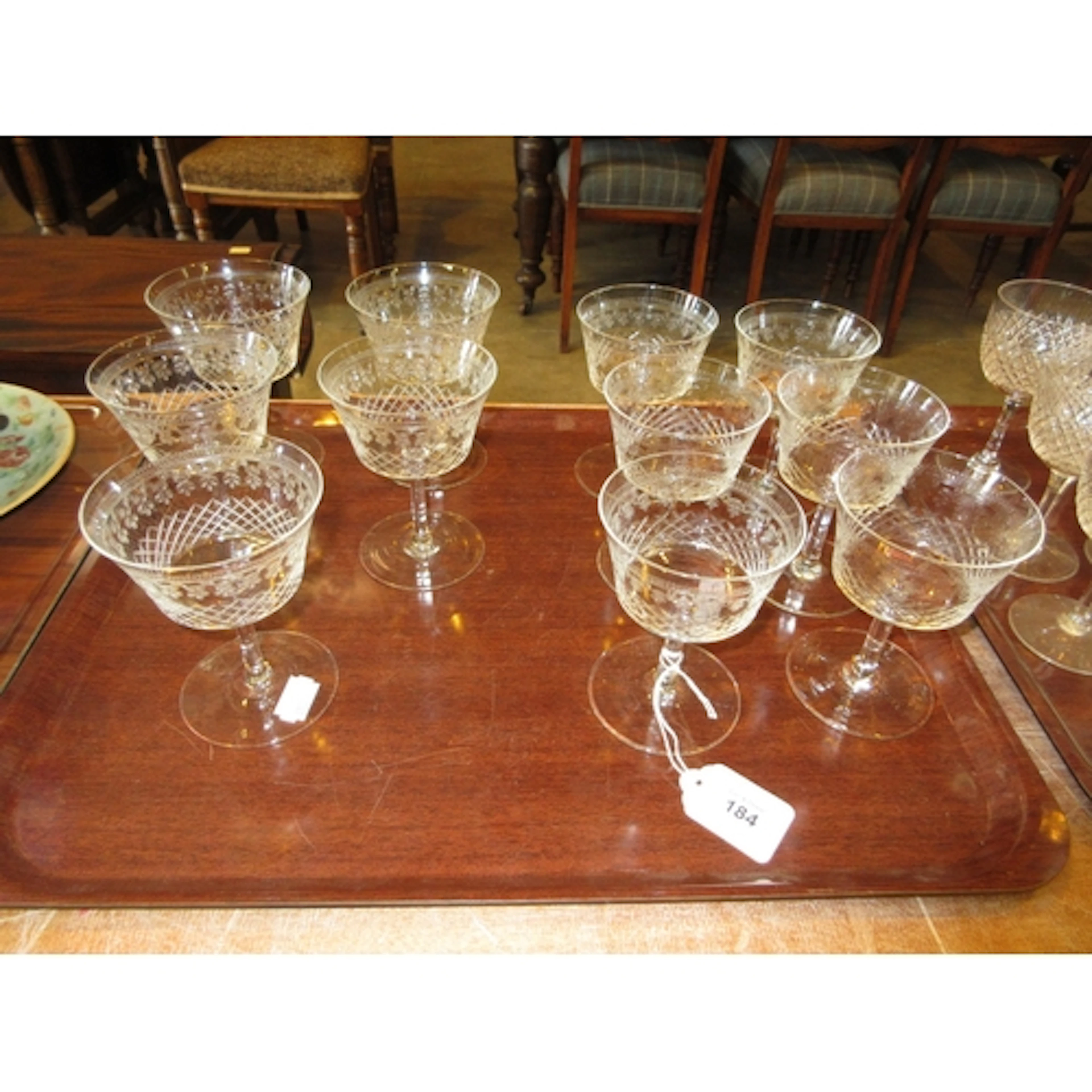 Eleven Early 20th Century Etched Glass Champagne Coupes, 2 s...