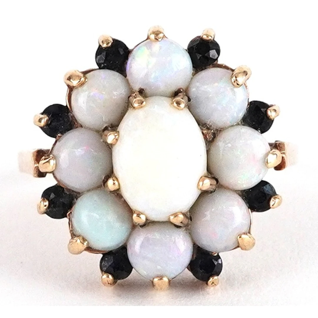 Large 9ct gold opal and blue spinel flower head ring, size N...